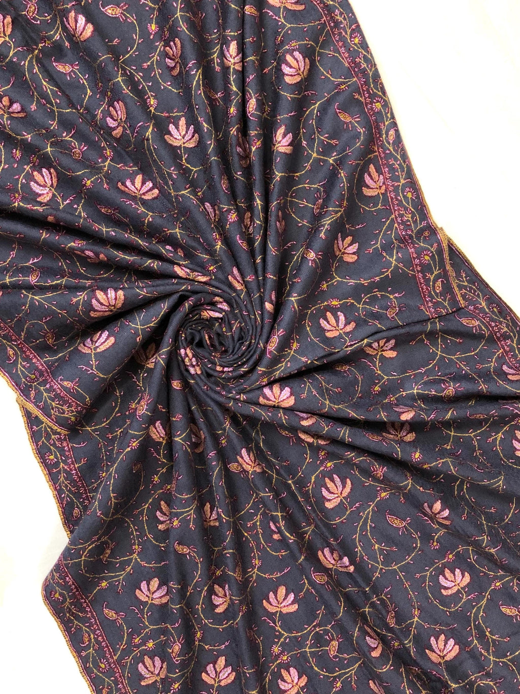 Charcoal Gray Pashmina Scarf: Hand-Embroidered Maple Jaal Design
