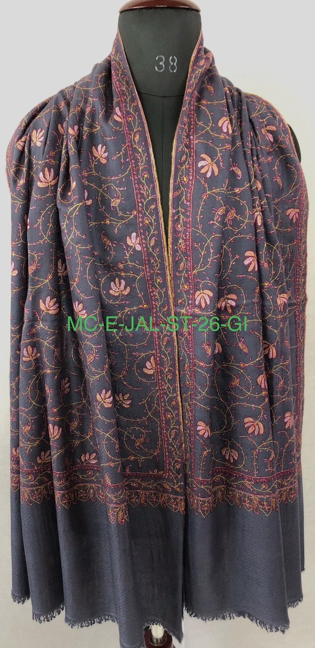 Charcoal Gray Pashmina Scarf: Hand-Embroidered Maple Jaal Design