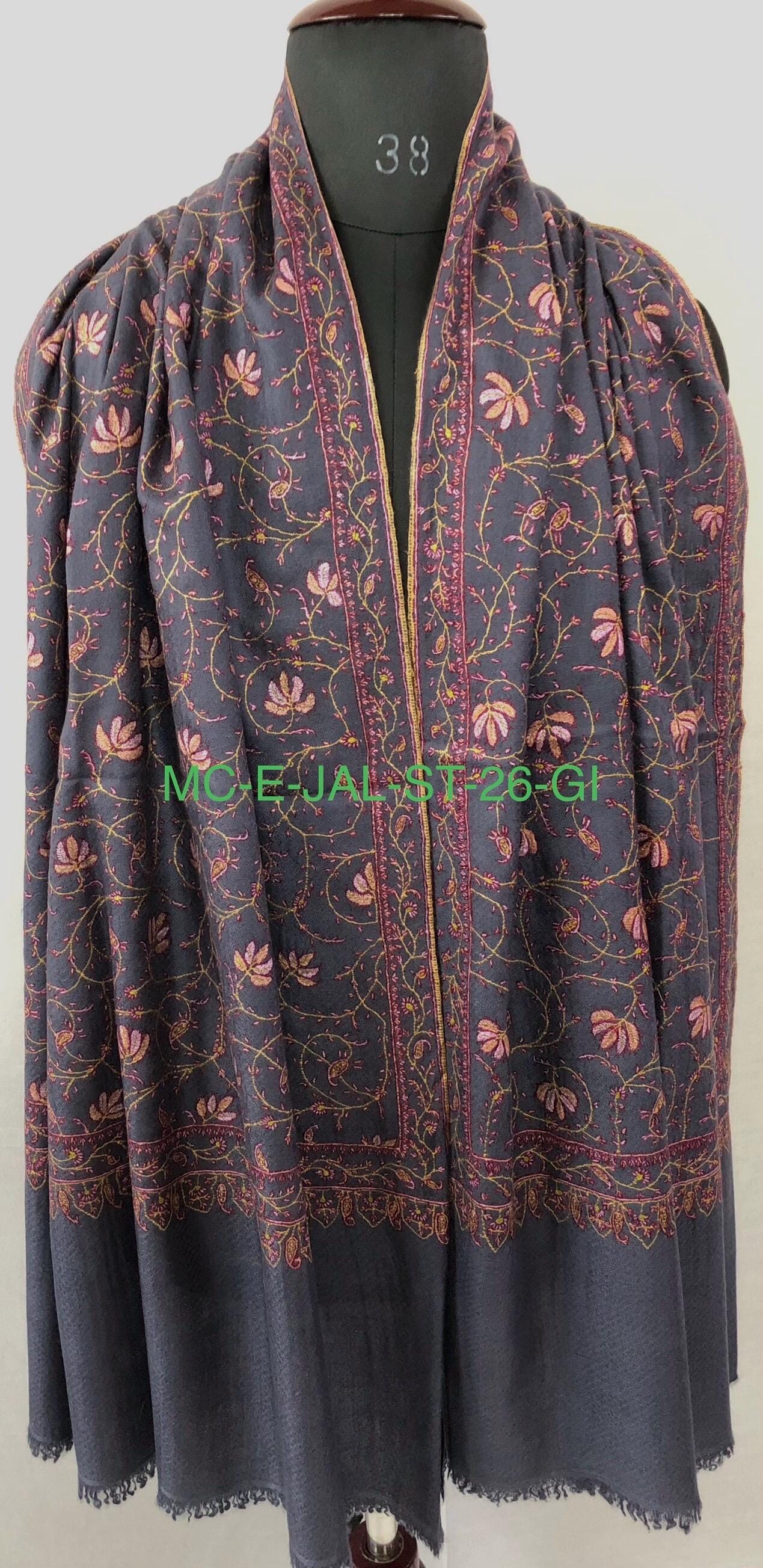 Charcoal Gray Pashmina Scarf: Hand-Embroidered Maple Jaal Design