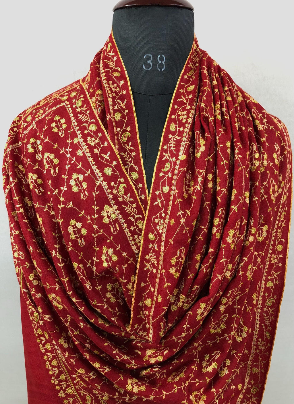 Handcrafted Red Pashmina Scarf: Kashmiri Embroidery, Bridal Gift (70x200cms)