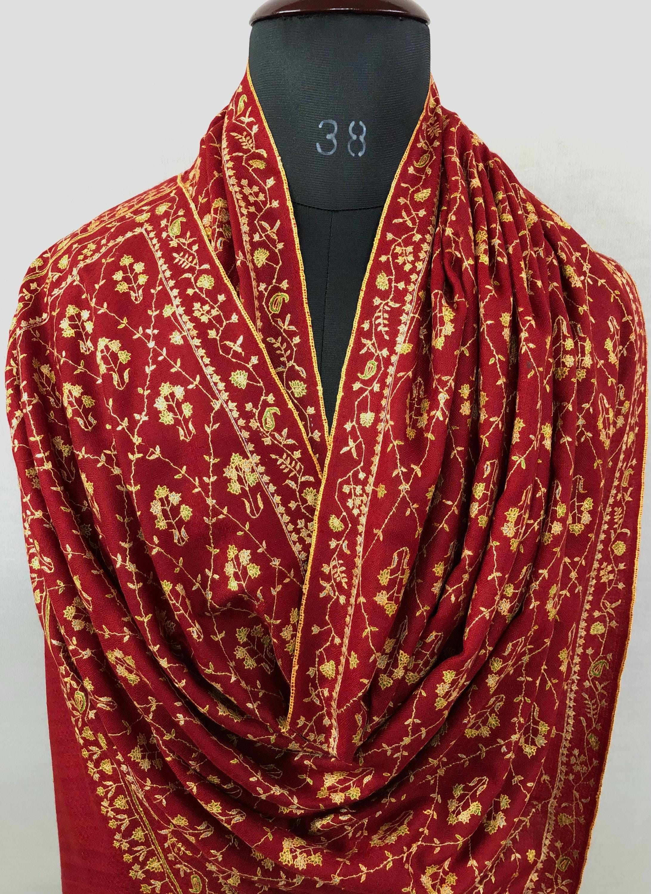 Handcrafted Red Pashmina Scarf: Kashmiri Embroidery, Bridal Gift (70x200cms)