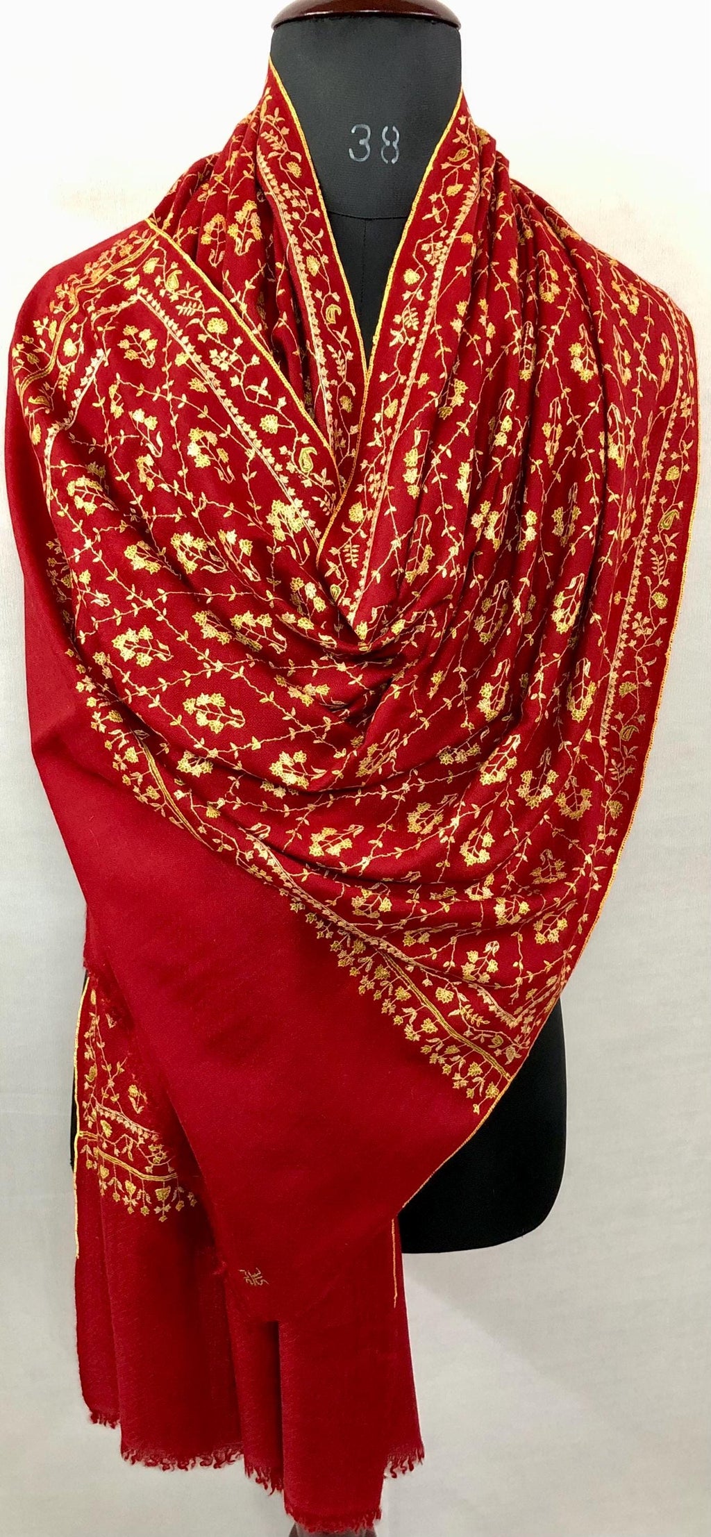 Handcrafted Red Pashmina Scarf: Kashmiri Embroidery, Bridal Gift (70x200cms)