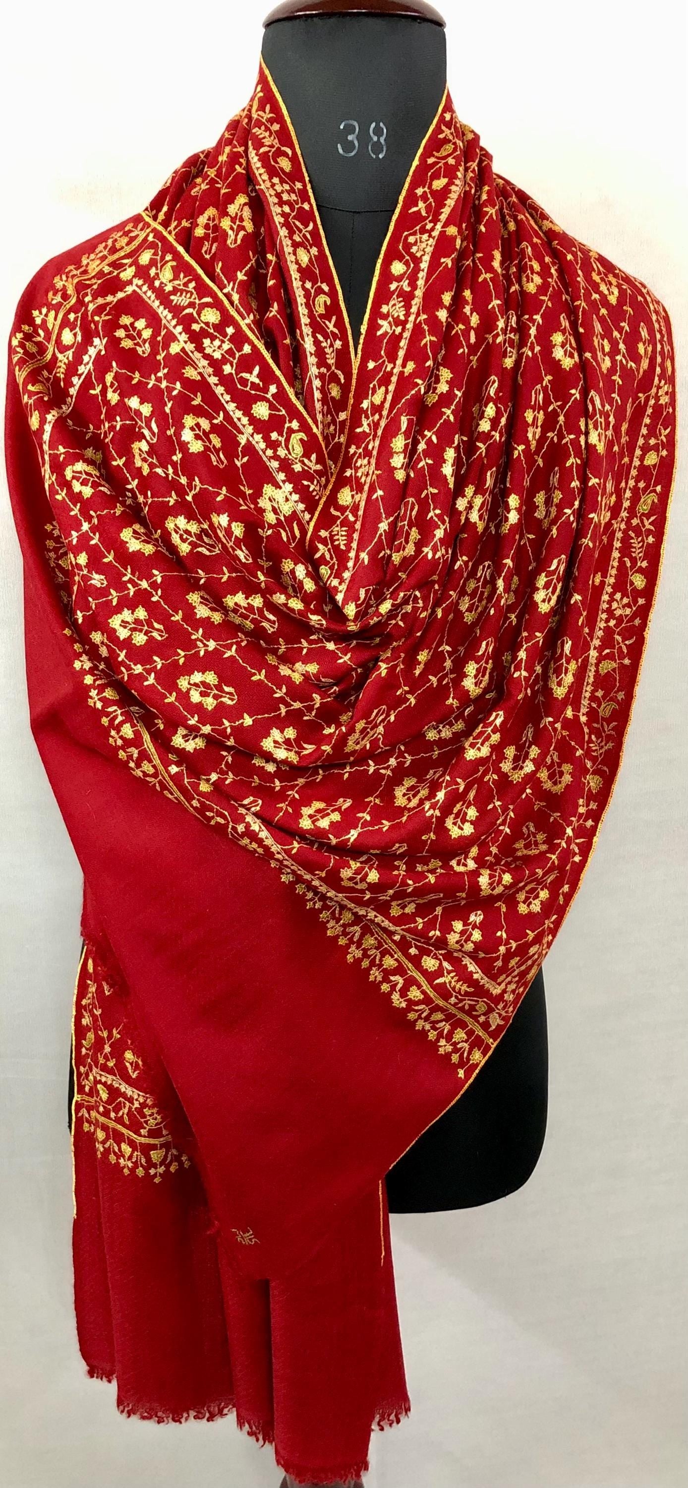 Handcrafted Red Pashmina Scarf: Kashmiri Embroidery, Bridal Gift (70x200cms)