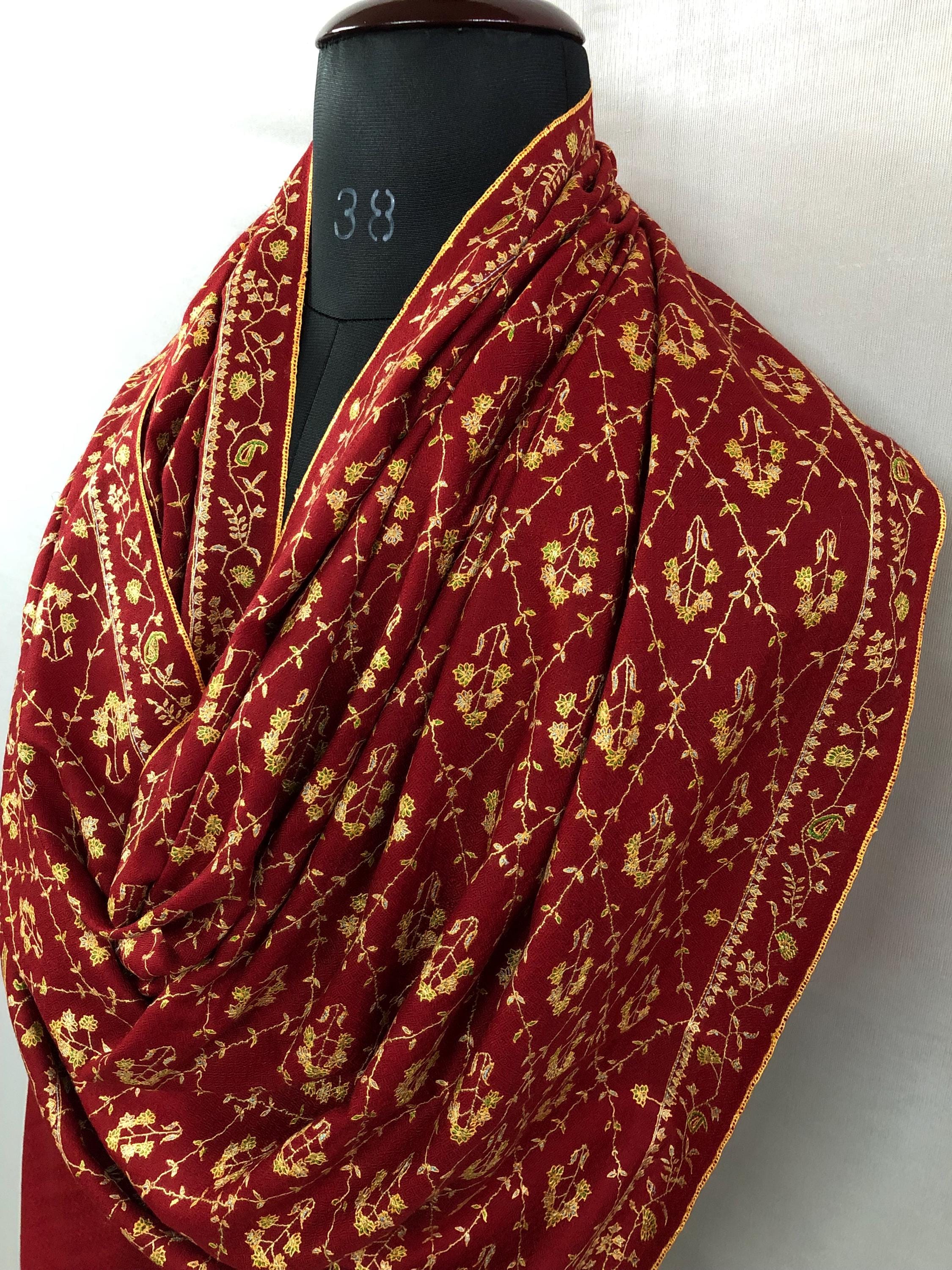 Handcrafted Red Pashmina Scarf: Kashmiri Embroidery, Bridal Gift (70x200cms)