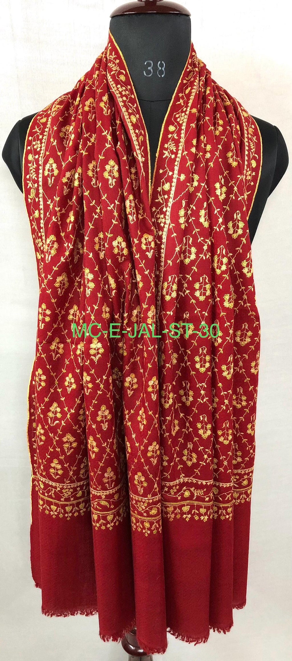 Handcrafted Red Pashmina Scarf: Kashmiri Embroidery, Bridal Gift (70x200cms)