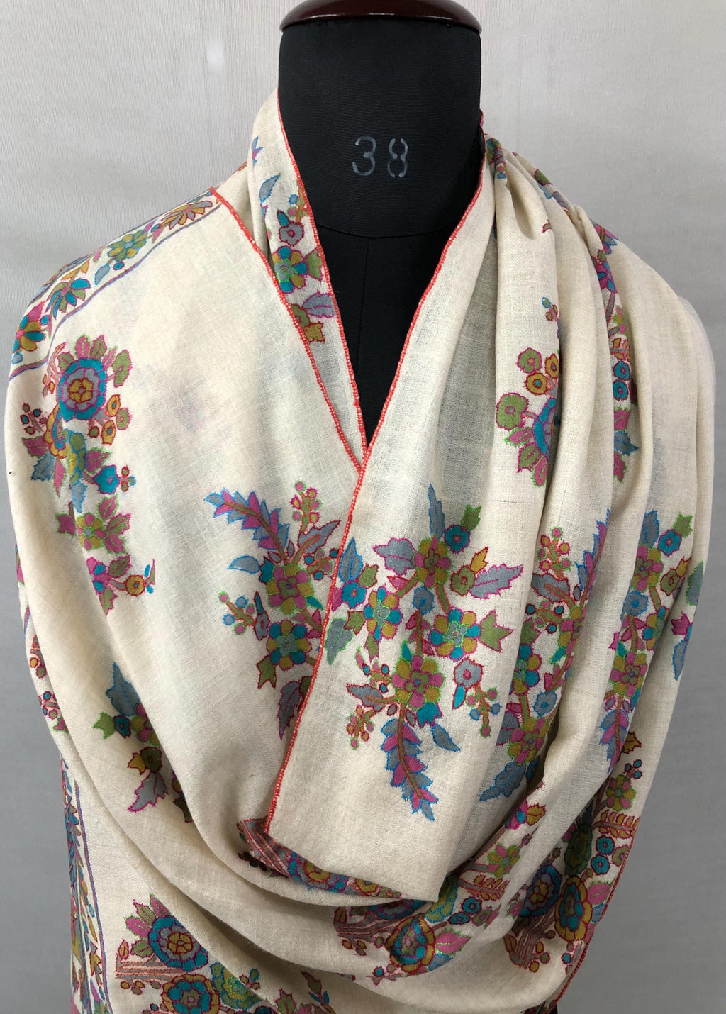 Off white floral print and outlined embroidered GI certified handcrafted real cashmere pashmina stole, shawl, Womens scarf - Mehraj Crafts 