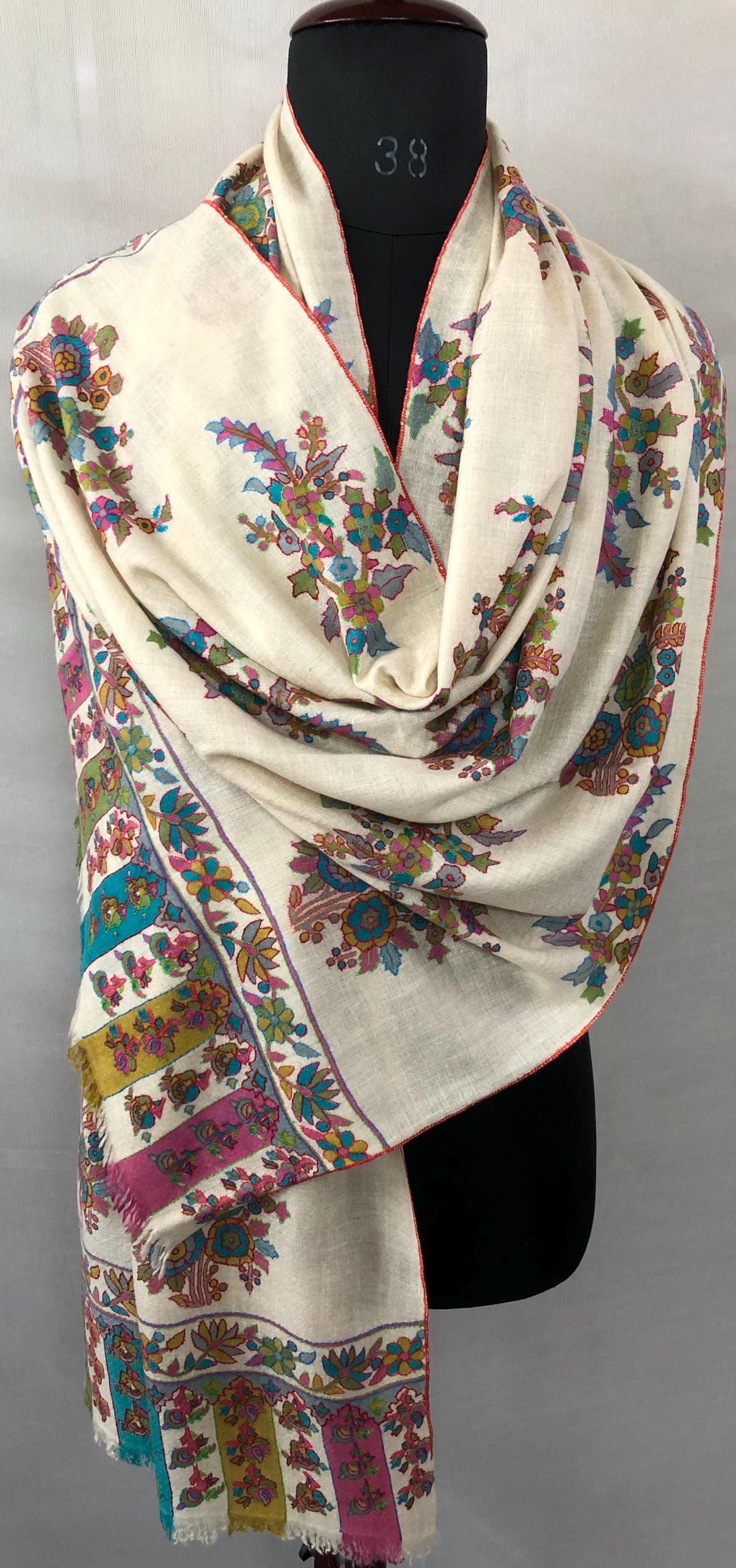 Off white floral print and outlined embroidered GI certified handcrafted real cashmere pashmina stole, shawl, Womens scarf - Mehraj Crafts 