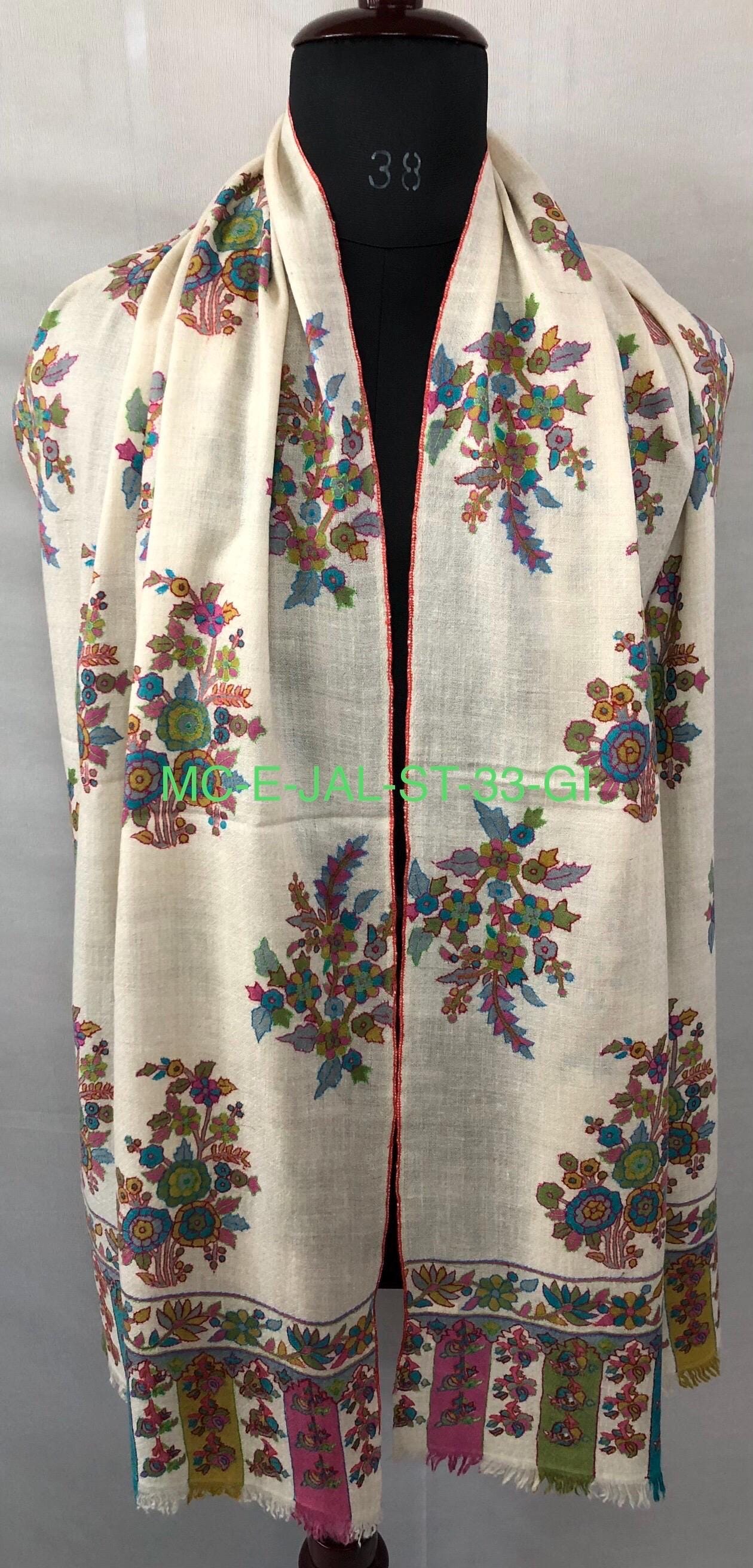 Off white floral print and outlined embroidered GI certified handcrafted real cashmere pashmina stole, shawl, Womens scarf - Mehraj Crafts 