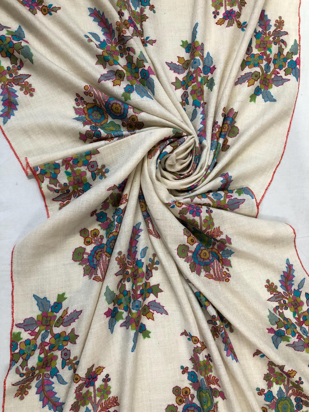 Off white floral print and outlined embroidered GI certified handcrafted real cashmere pashmina stole, shawl, Womens scarf - Mehraj Crafts 