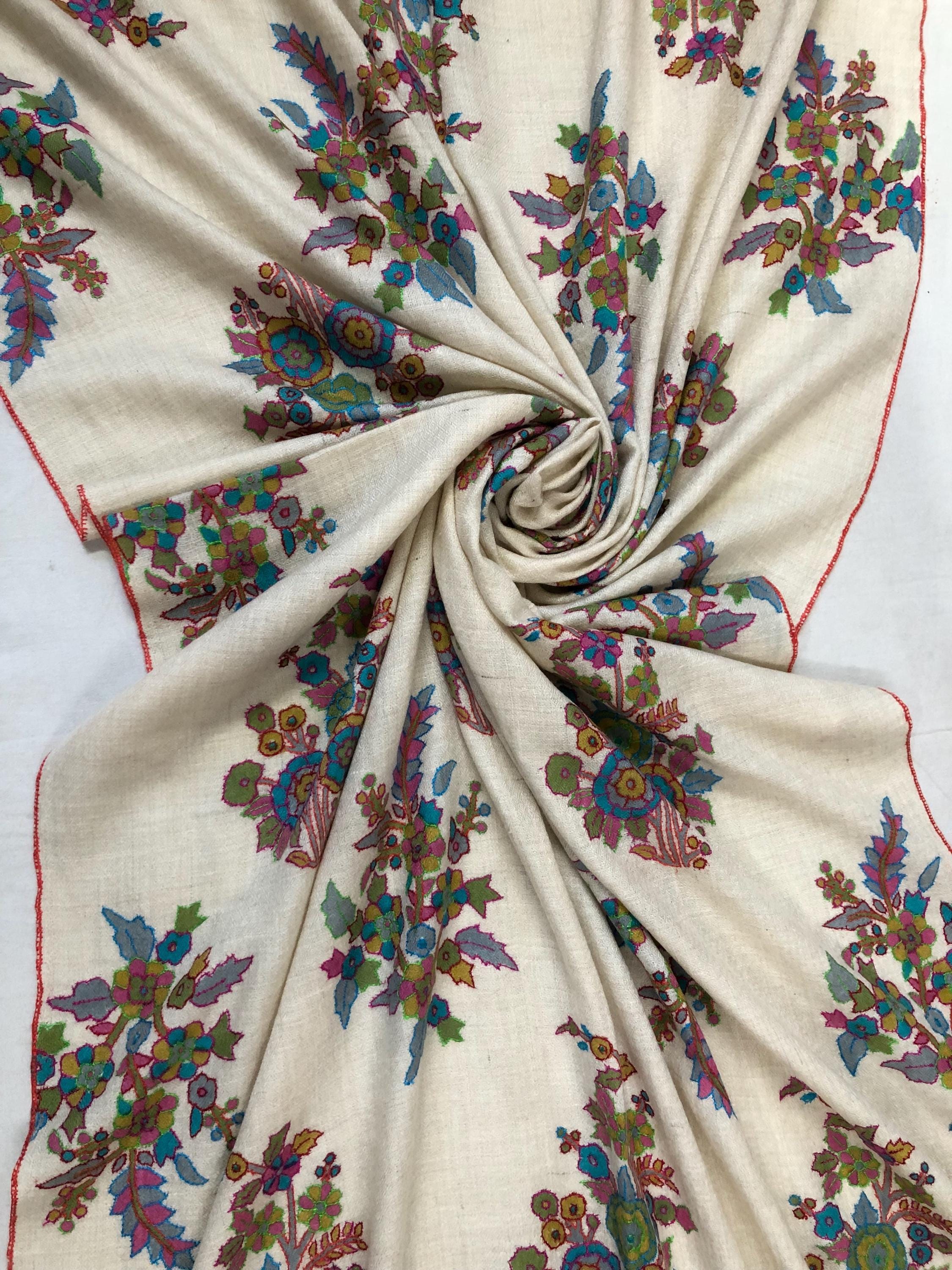 Off white floral print and outlined embroidered GI certified handcrafted real cashmere pashmina stole, shawl, Womens scarf - Mehraj Crafts 