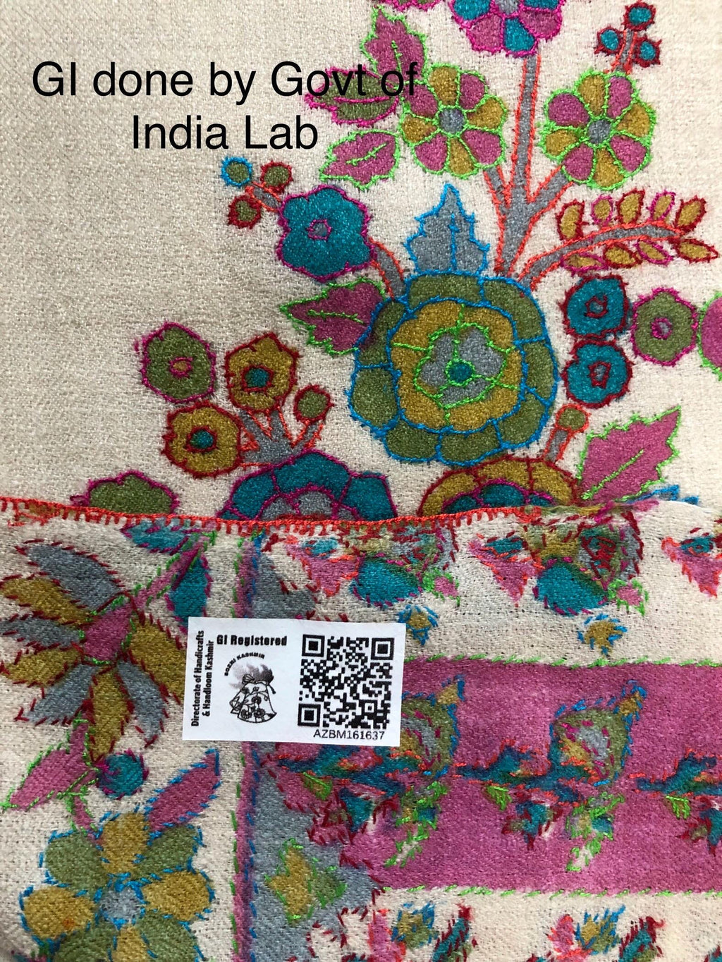 Off white floral print and outlined embroidered GI certified handcrafted real cashmere pashmina stole, shawl, Womens scarf - Mehraj Crafts 