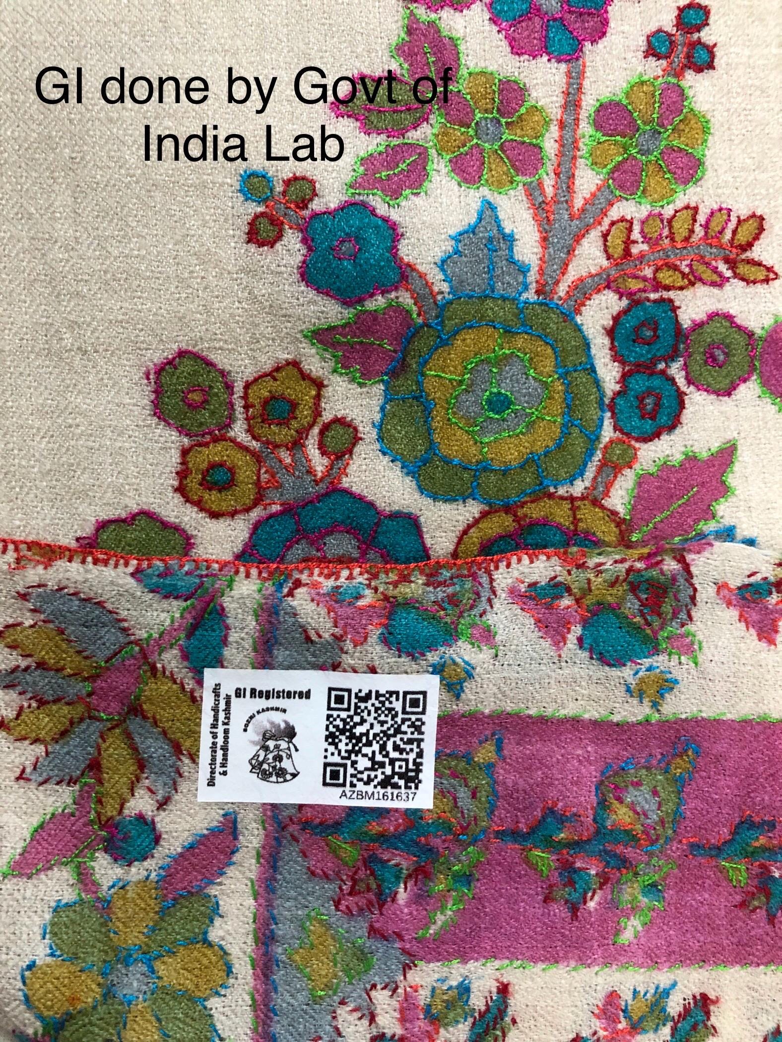 Off white floral print and outlined embroidered GI certified handcrafted real cashmere pashmina stole, shawl, Womens scarf - Mehraj Crafts 