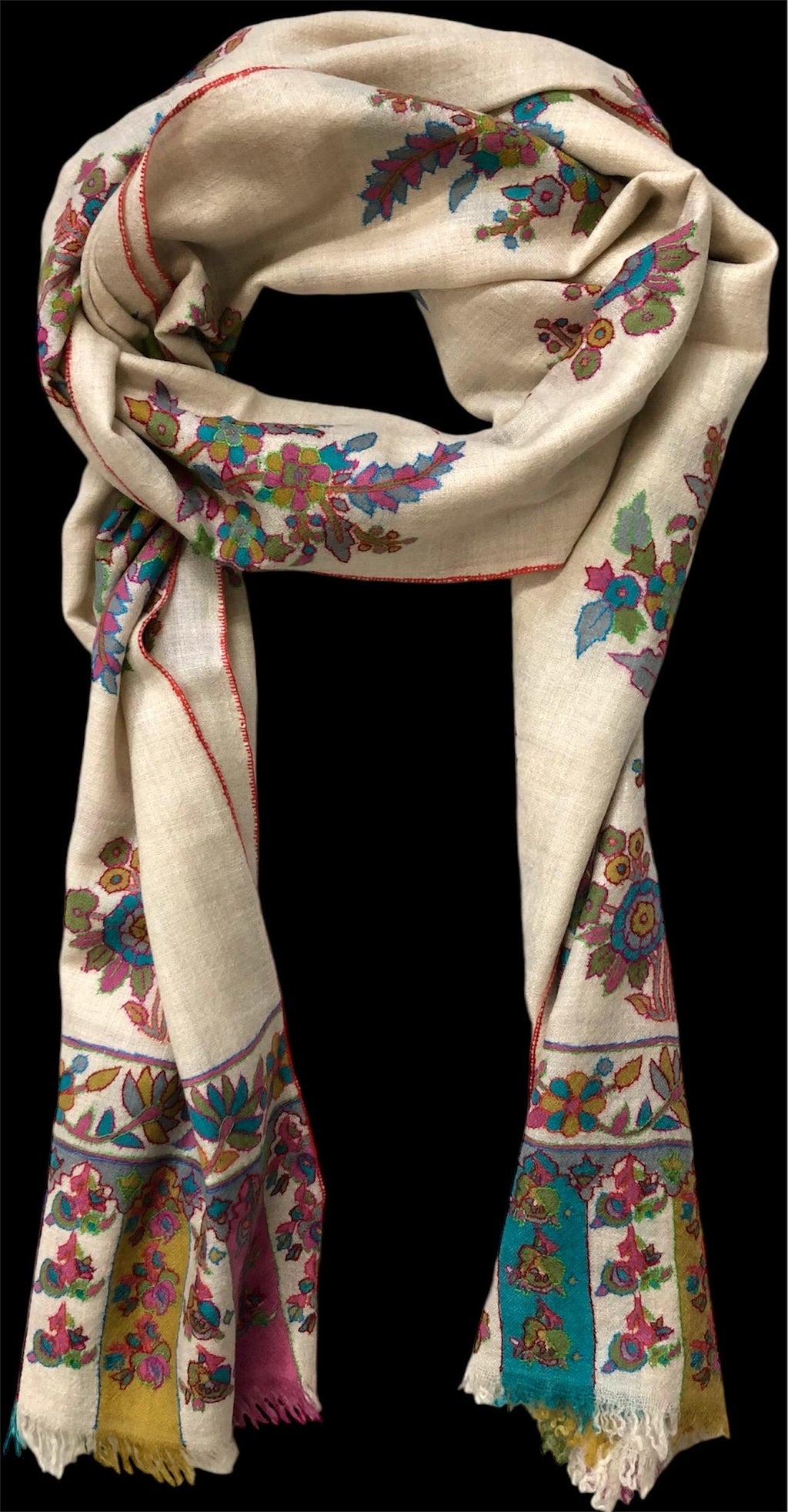 Off white floral print and outlined embroidered GI certified handcrafted real cashmere pashmina stole, shawl, Womens scarf - Mehraj Crafts 