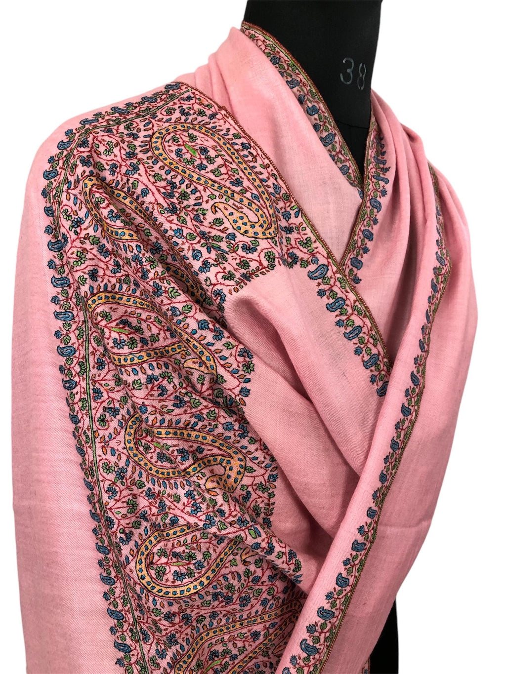 Blush elegance baby pink embroidered pashmina scarf, gift for her, winter scarf, cashmere wool scarf, warm and luxurious wrap - Mehraj Crafts 