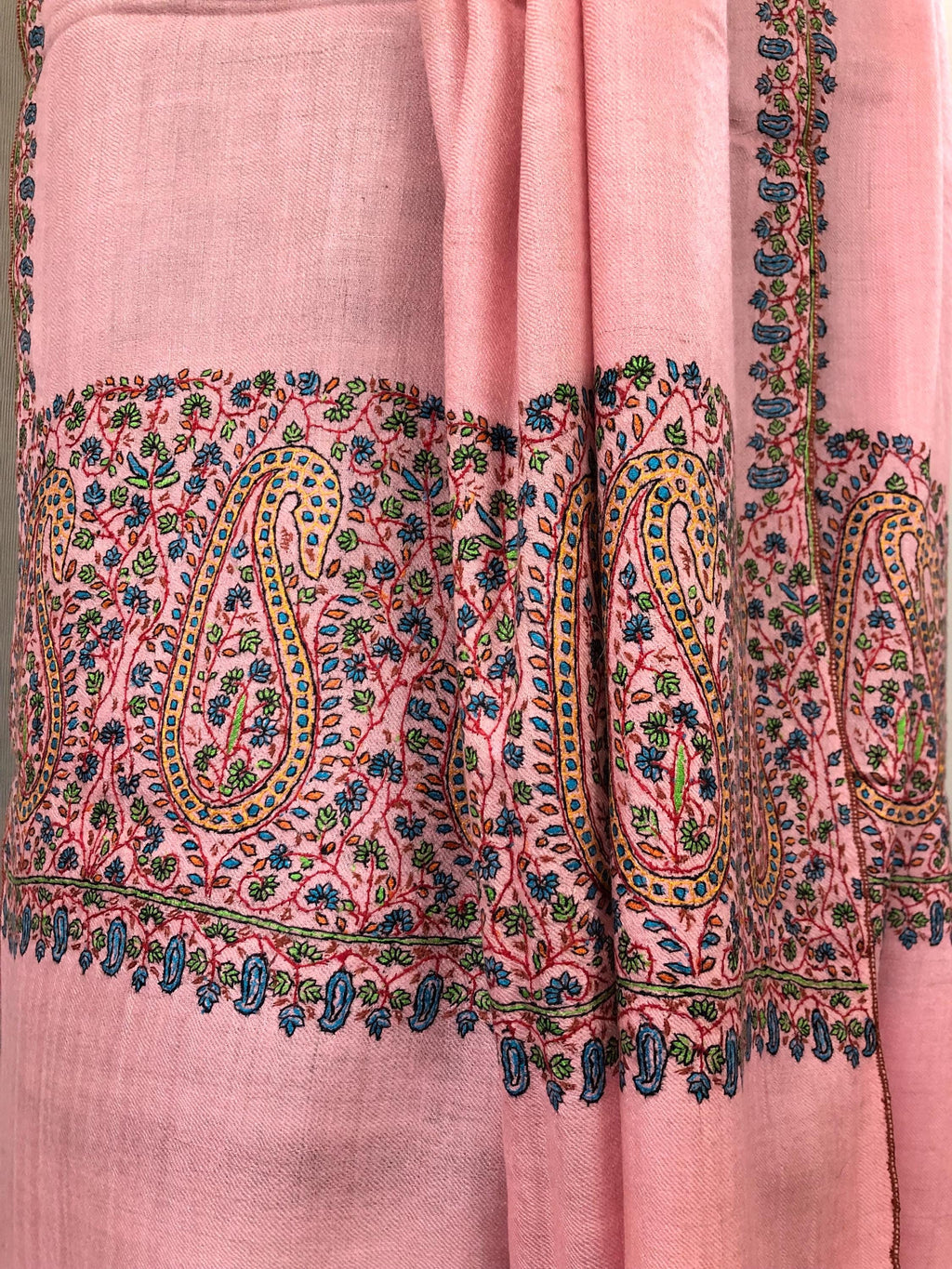 Blush elegance baby pink embroidered pashmina scarf, gift for her, winter scarf, cashmere wool scarf, warm and luxurious wrap - Mehraj Crafts 