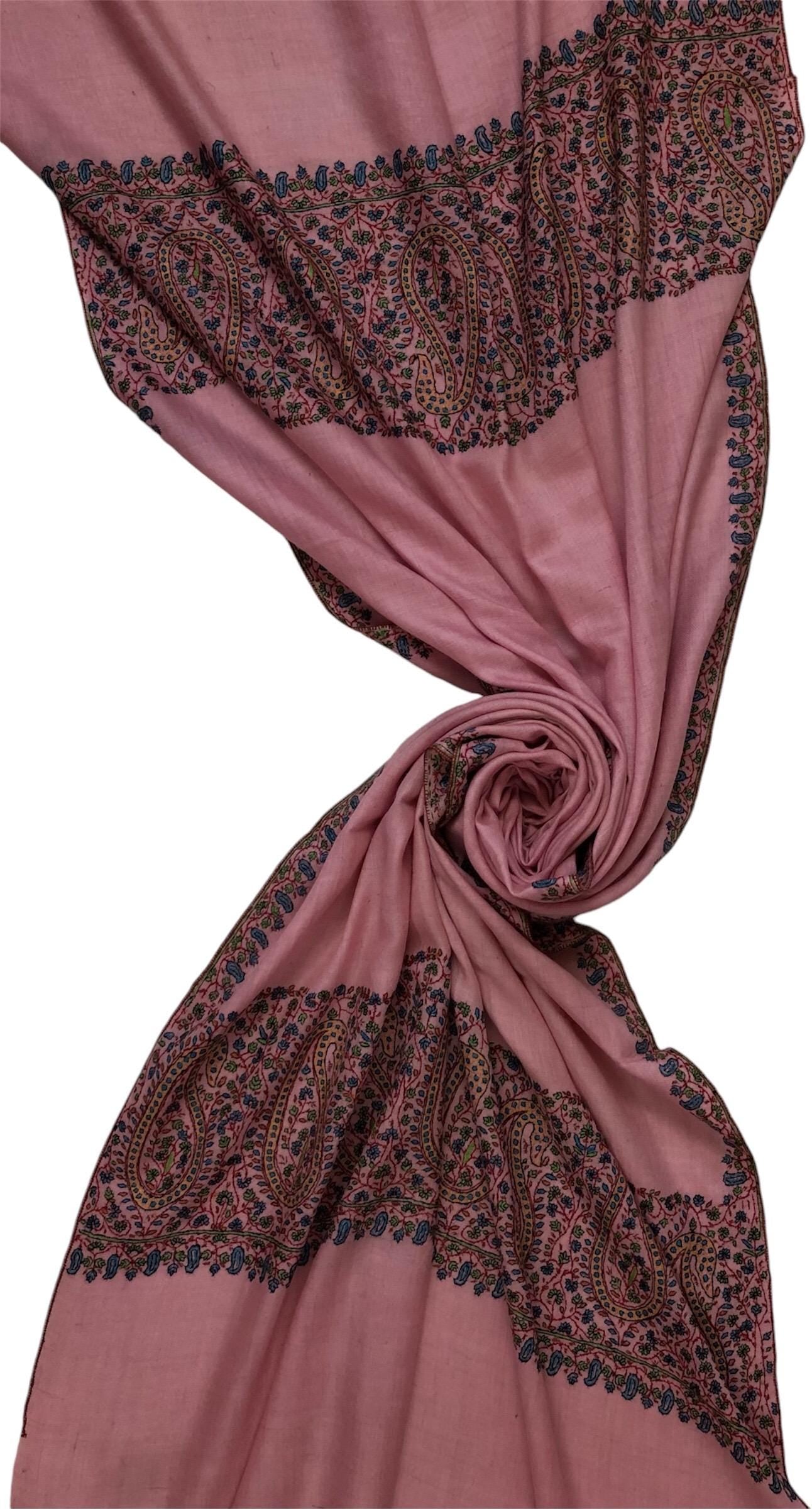 Blush elegance baby pink embroidered pashmina scarf, gift for her, winter scarf, cashmere wool scarf, warm and luxurious wrap - Mehraj Crafts 