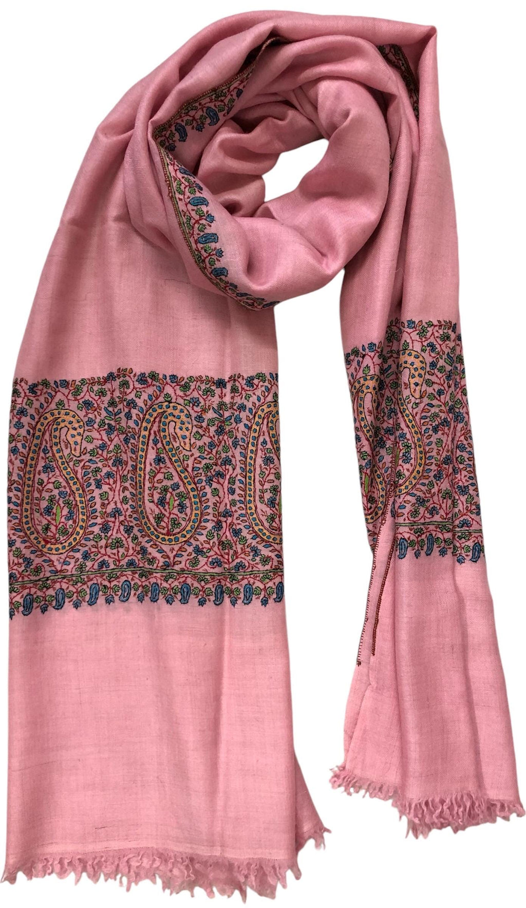 Blush elegance baby pink embroidered pashmina scarf, gift for her, winter scarf, cashmere wool scarf, warm and luxurious wrap - Mehraj Crafts 