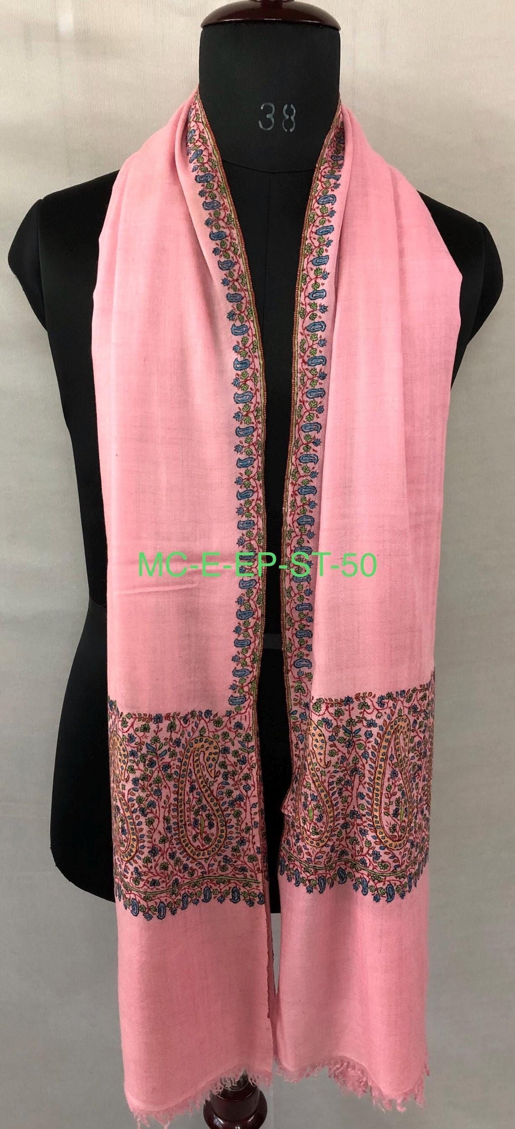 Blush elegance baby pink embroidered pashmina scarf, gift for her, winter scarf, cashmere wool scarf, warm and luxurious wrap - Mehraj Crafts 