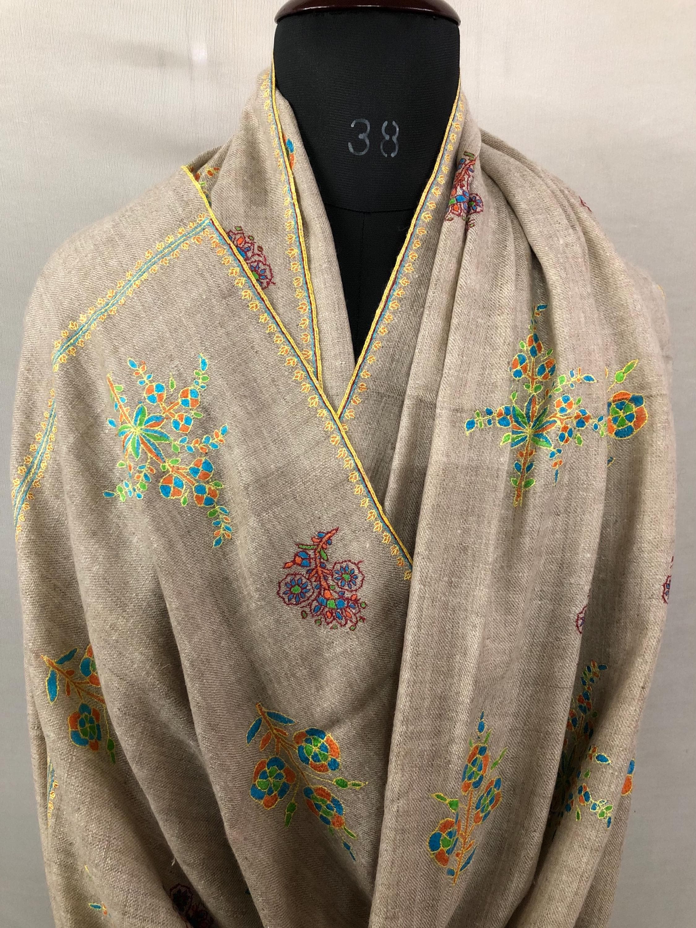 Exclusive Natural Kashmir pashmina GI certified hand spun handwoven floral super micro fine embroidered winter shawl - Mehraj Crafts 