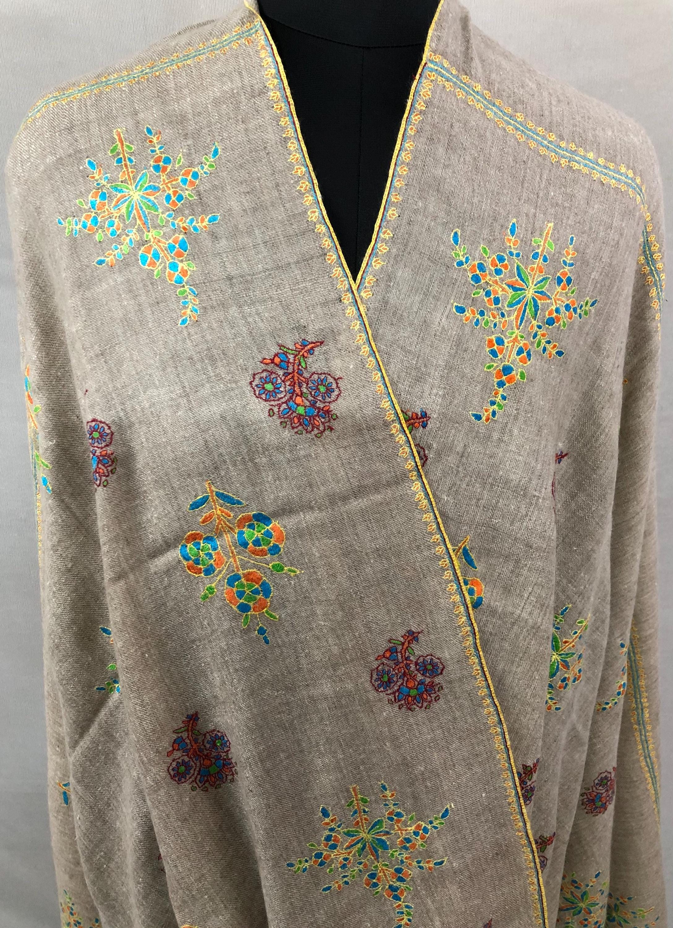 Exclusive Natural Kashmir pashmina GI certified hand spun handwoven floral super micro fine embroidered winter shawl - Mehraj Crafts 