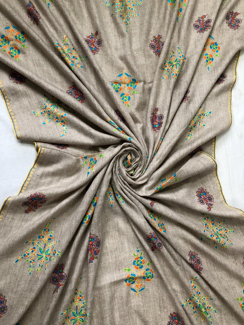 Exclusive Natural Kashmir pashmina GI certified hand spun handwoven floral super micro fine embroidered winter shawl - Mehraj Crafts 