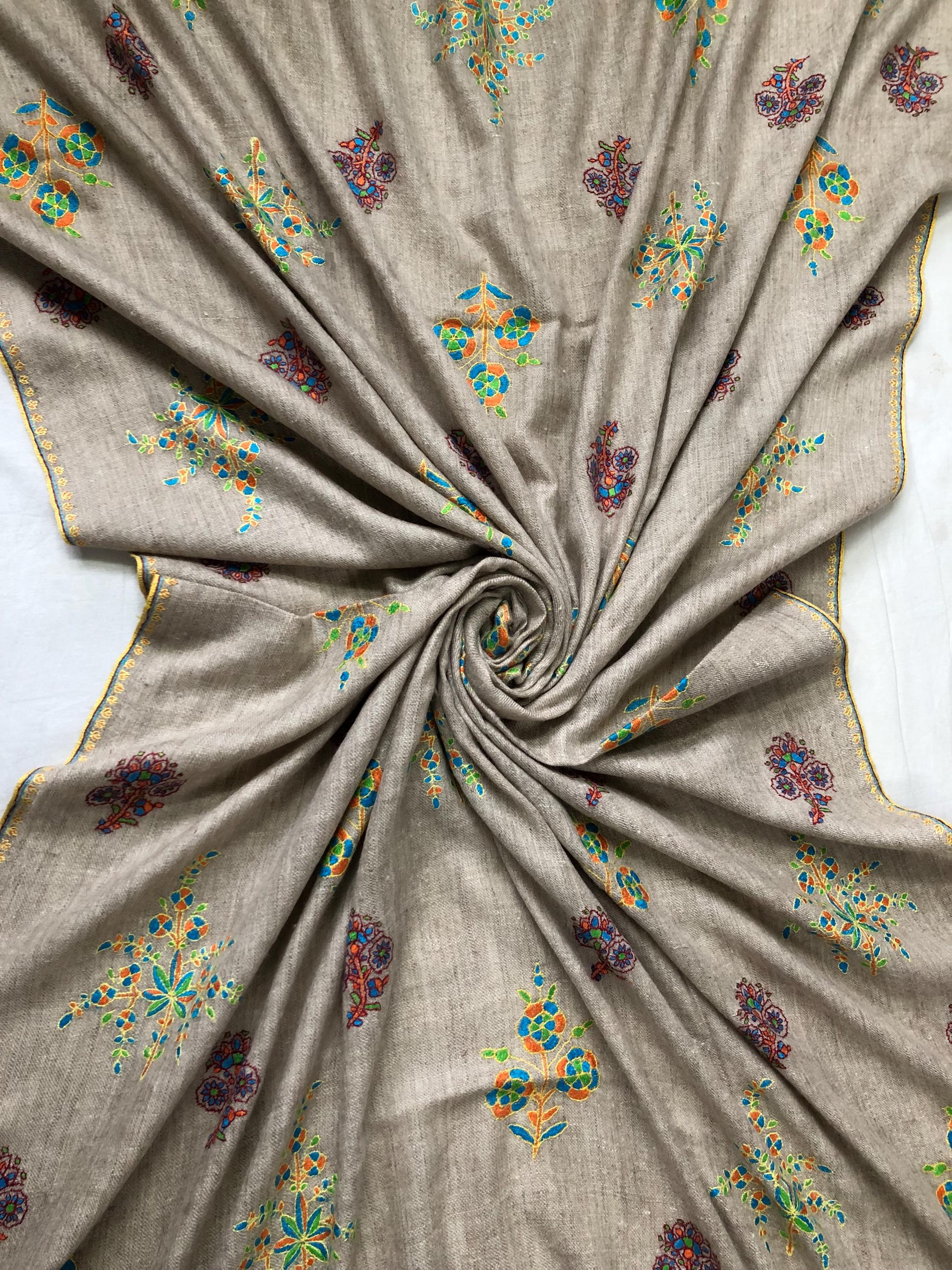 Exclusive Natural Kashmir pashmina GI certified hand spun handwoven floral super micro fine embroidered winter shawl - Mehraj Crafts 