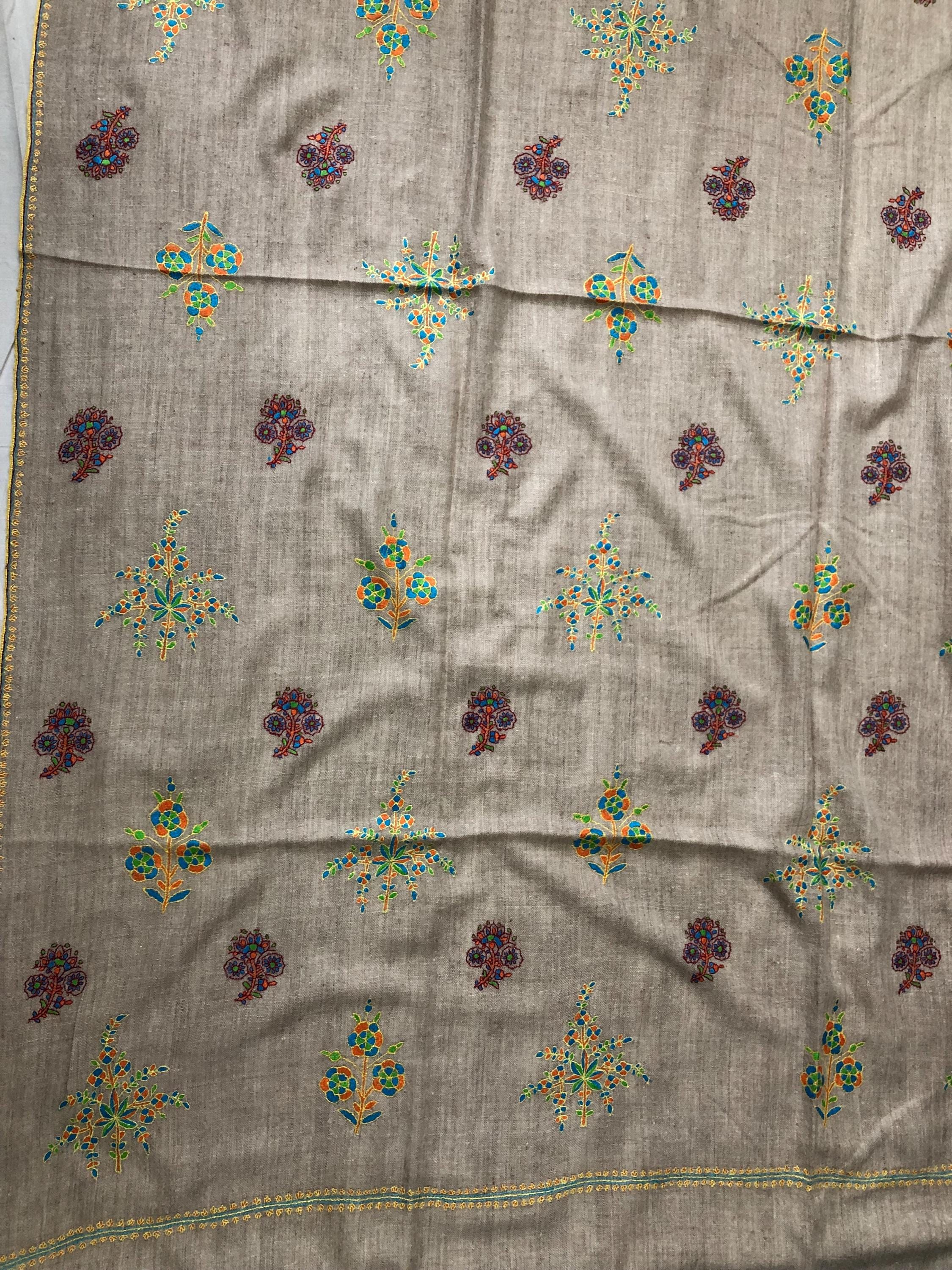 Exclusive Natural Kashmir pashmina GI certified hand spun handwoven floral super micro fine embroidered winter shawl - Mehraj Crafts 