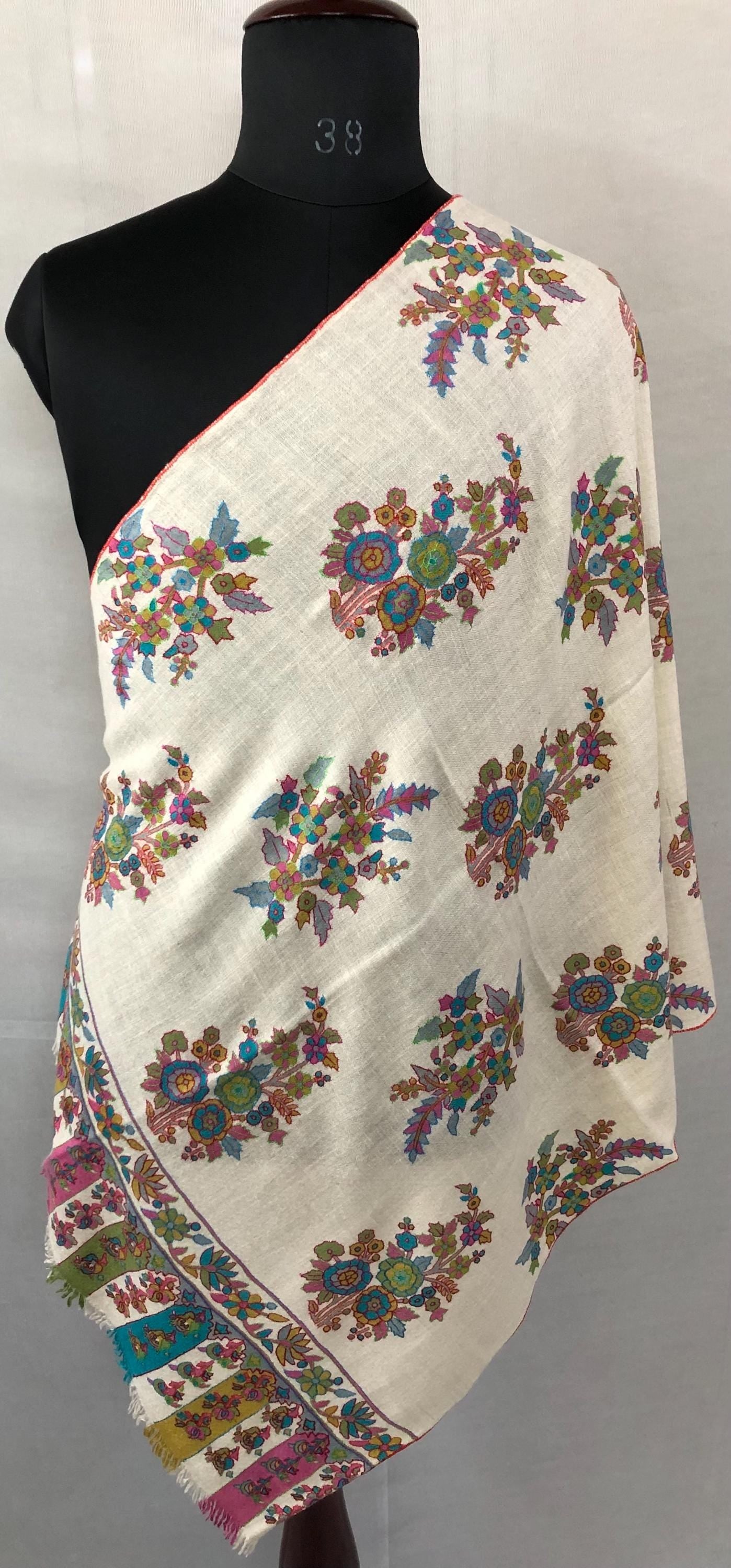 Off white floral print and outlined embroidered GI certified handcrafted real cashmere pashmina stole, shawl, Womens scarf - Mehraj Crafts 