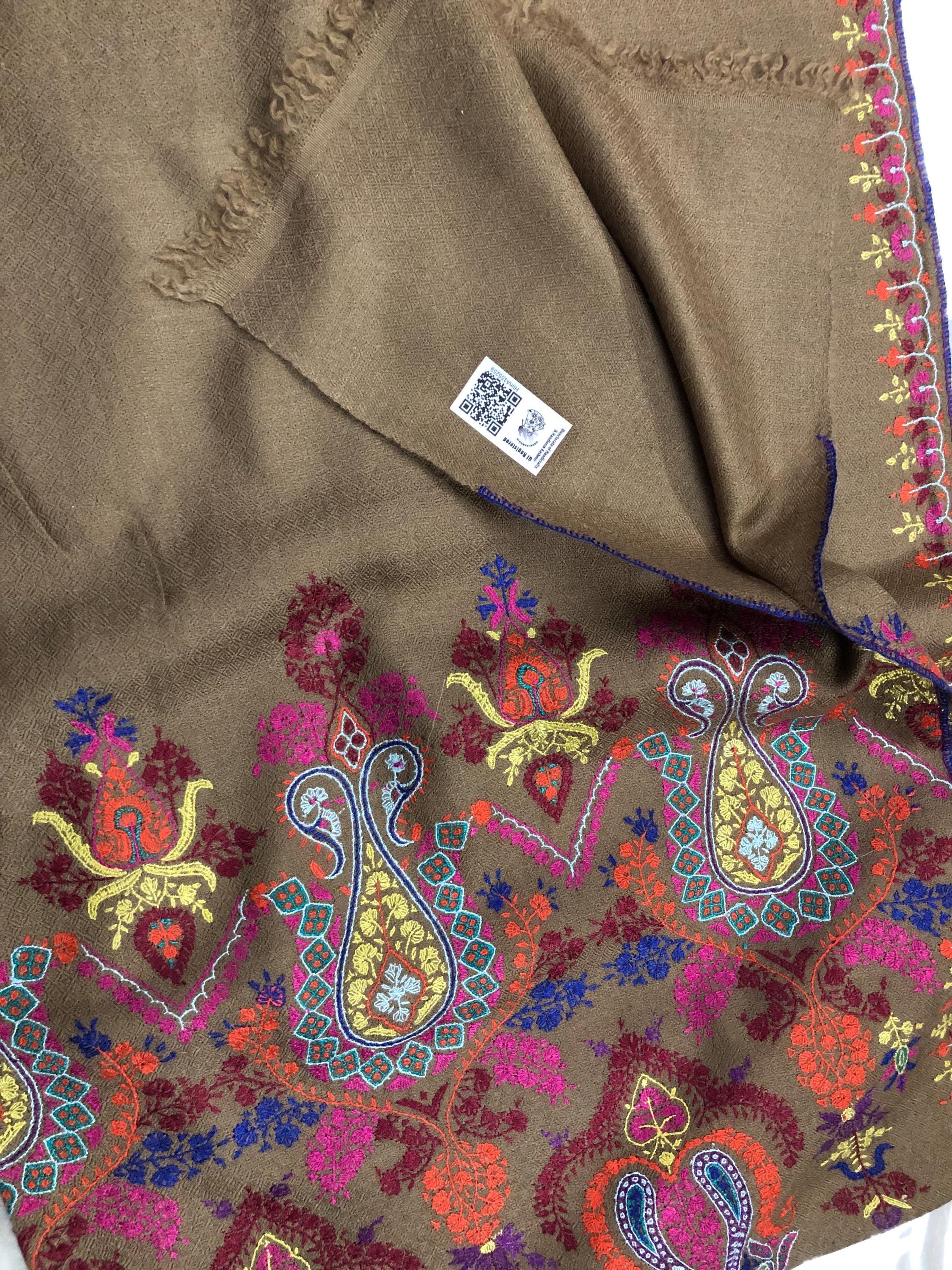 GI sozani Tigers eye brown elegant designer palla  handcrafted micro fine embroidered real cashmere pashmina stole scarf shawl - Mehraj Crafts 