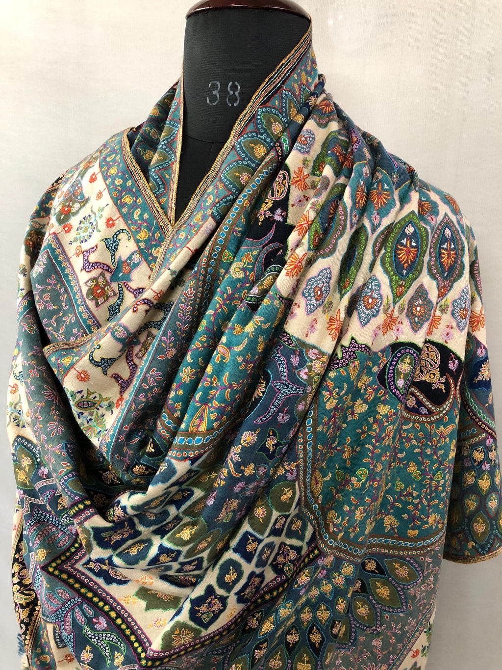 Mandala Garden Wrap Elegant Multicoloured Handmade Cashmere Pashmina Jamawar Chakra Shawl - Mehraj Crafts 