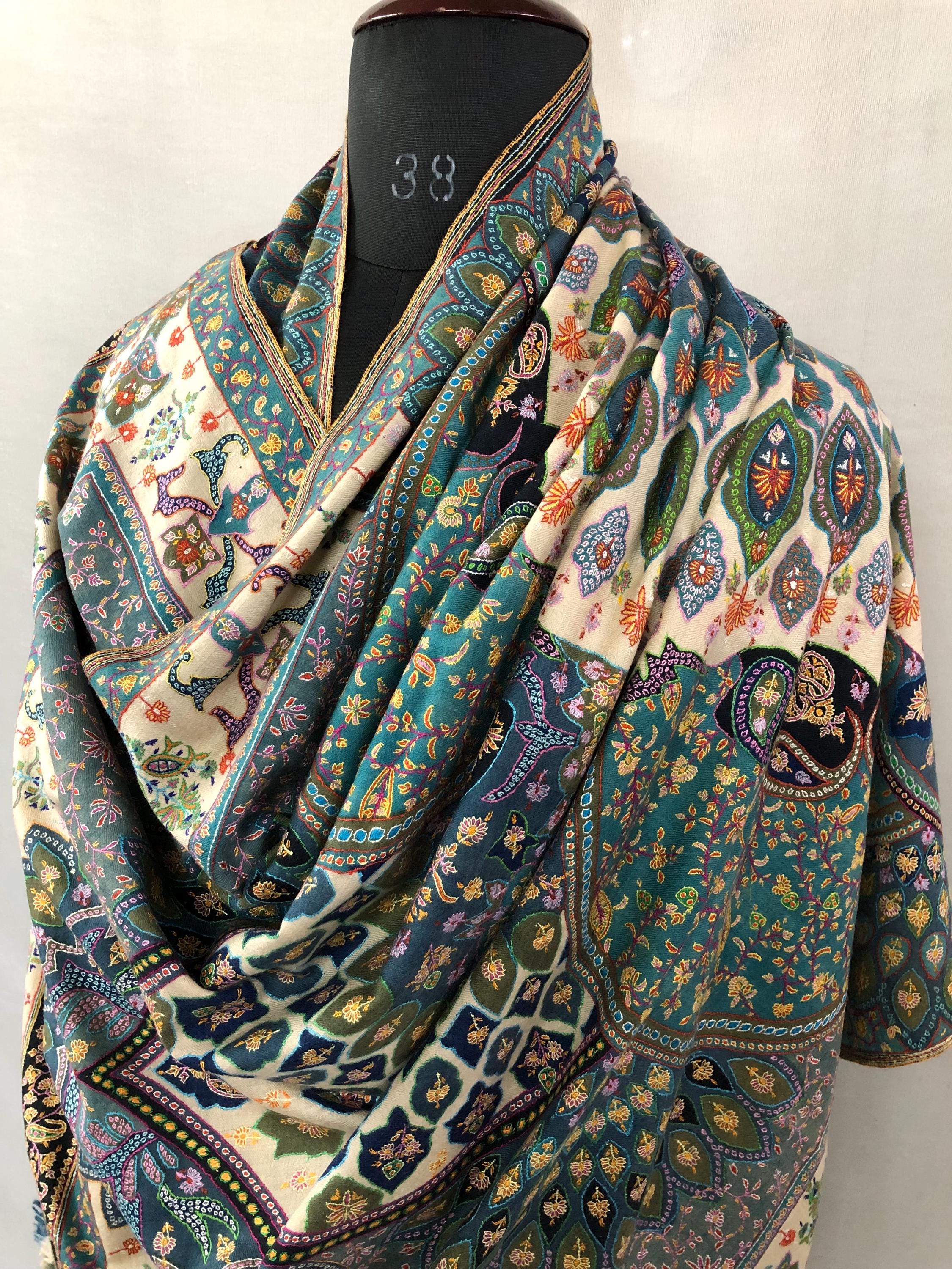 Mandala Garden Wrap Elegant Multicoloured Handmade Cashmere Pashmina Jamawar Chakra Shawl - Mehraj Crafts 