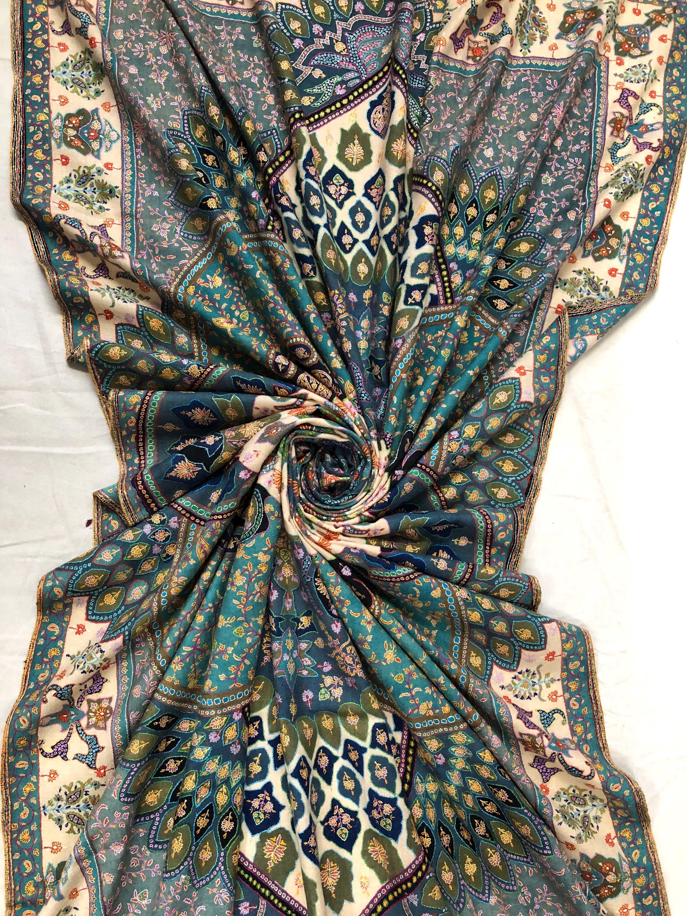 Mandala Garden Wrap Elegant Multicoloured Handmade Cashmere Pashmina Jamawar Chakra Shawl - Mehraj Crafts 