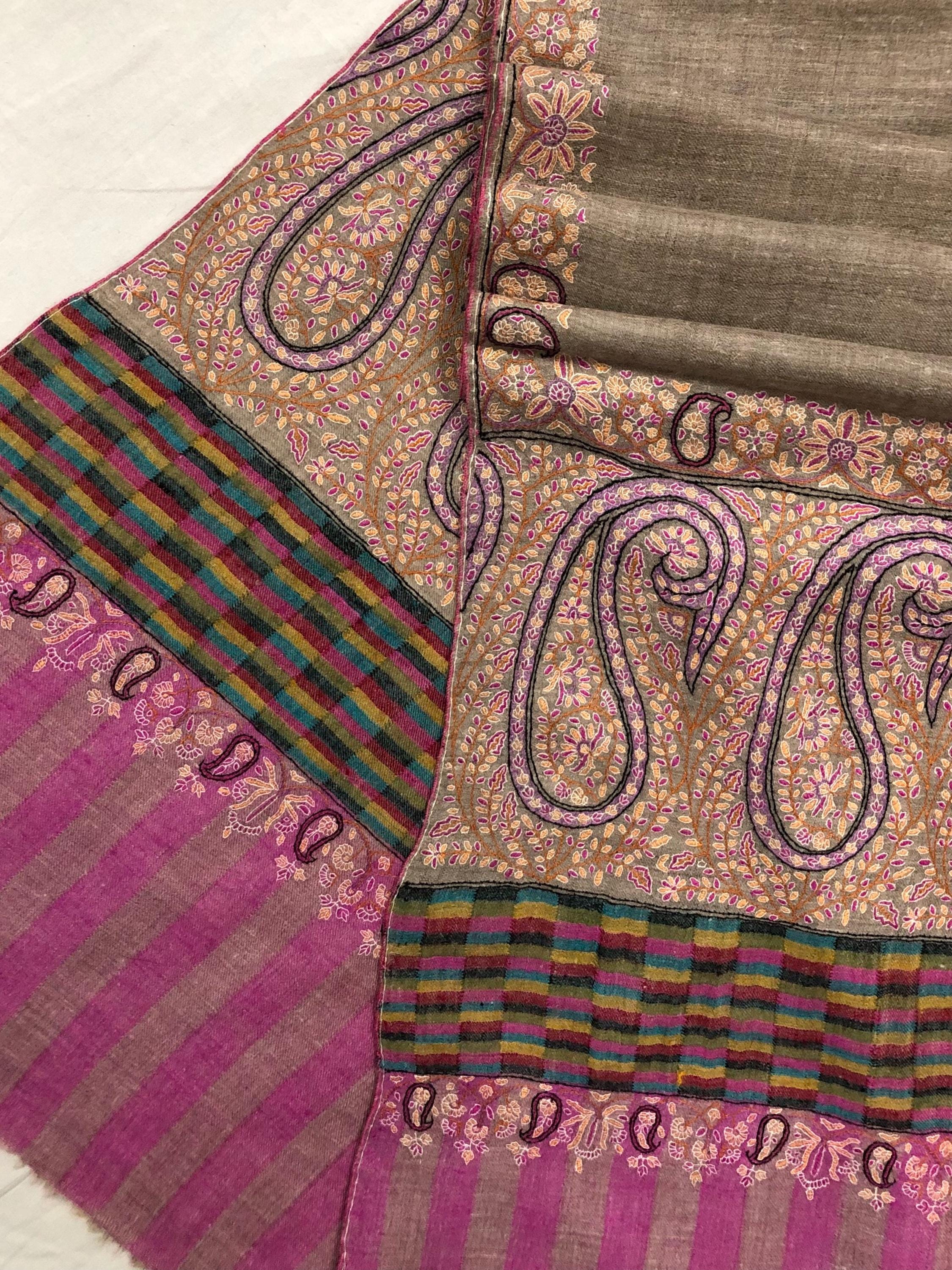 Royal Paisley End Superfine Embroidered Real Cashmere Pashmina Wrap Shawl - Mehraj Crafts 