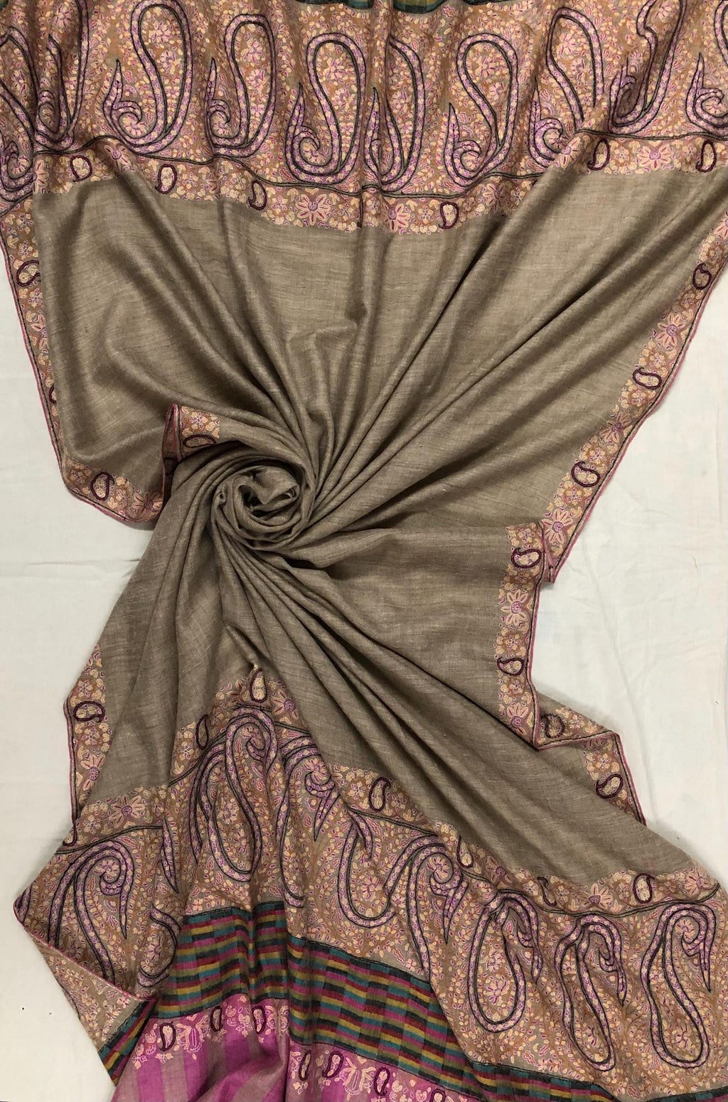 Royal Paisley End Superfine Embroidered Real Cashmere Pashmina Wrap Shawl - Mehraj Crafts 