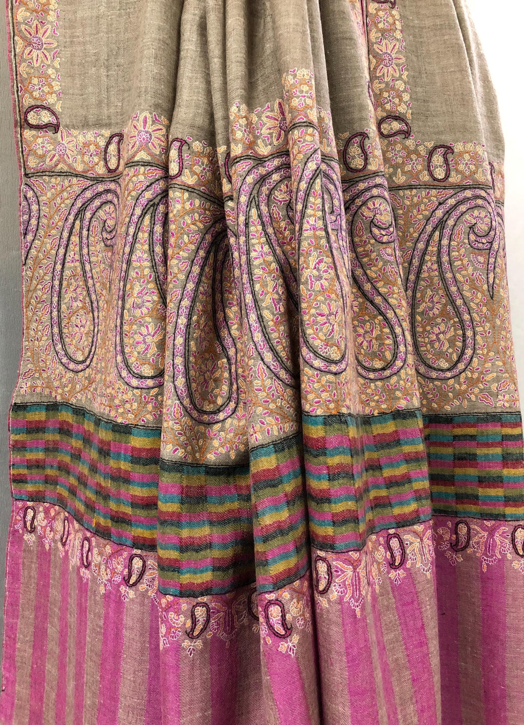 Royal Paisley End Superfine Embroidered Real Cashmere Pashmina Wrap Shawl - Mehraj Crafts 