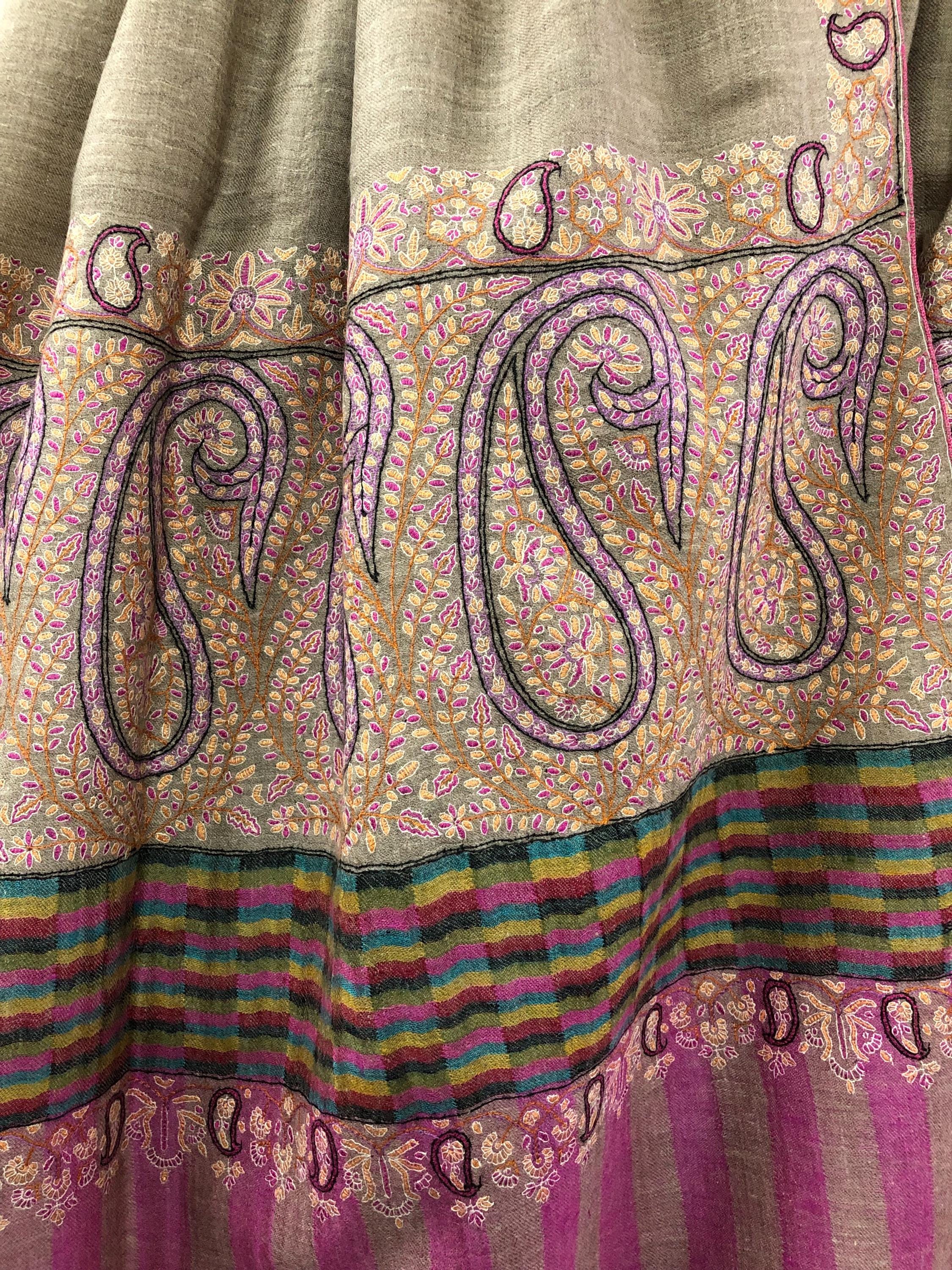 Royal Paisley End Superfine Embroidered Real Cashmere Pashmina Wrap Shawl - Mehraj Crafts 