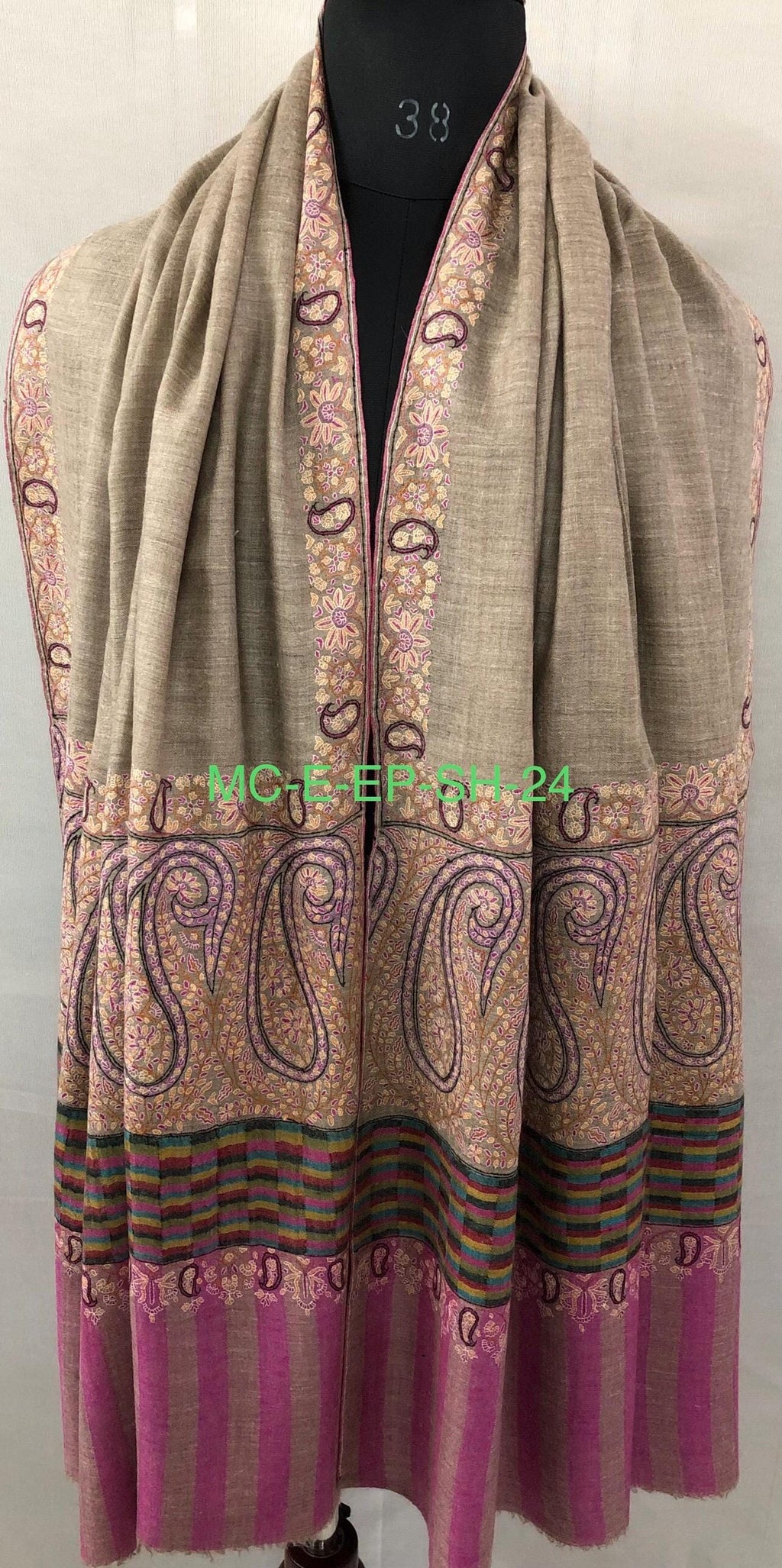 Royal Paisley End Superfine Embroidered Real Cashmere Pashmina Wrap Shawl - Mehraj Crafts 