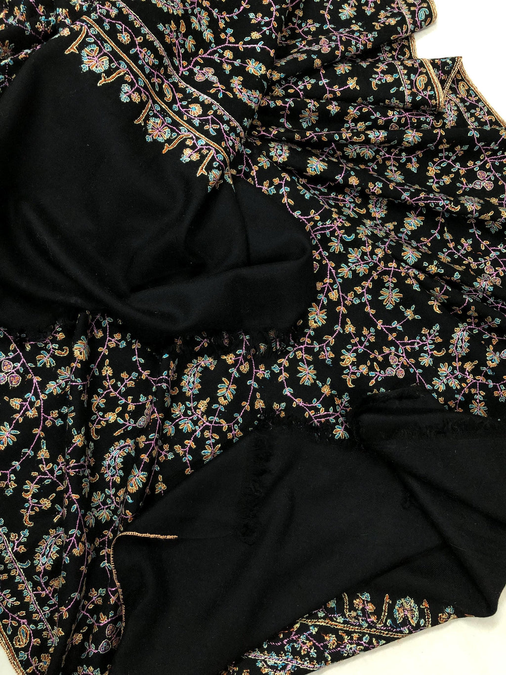 Luxury Black Jaaldar All-over design Super Micro Fine Embroidered Handcrafted Real Ladakhi Handmade Cashmere Pashmina Shawl - Mehraj Crafts 