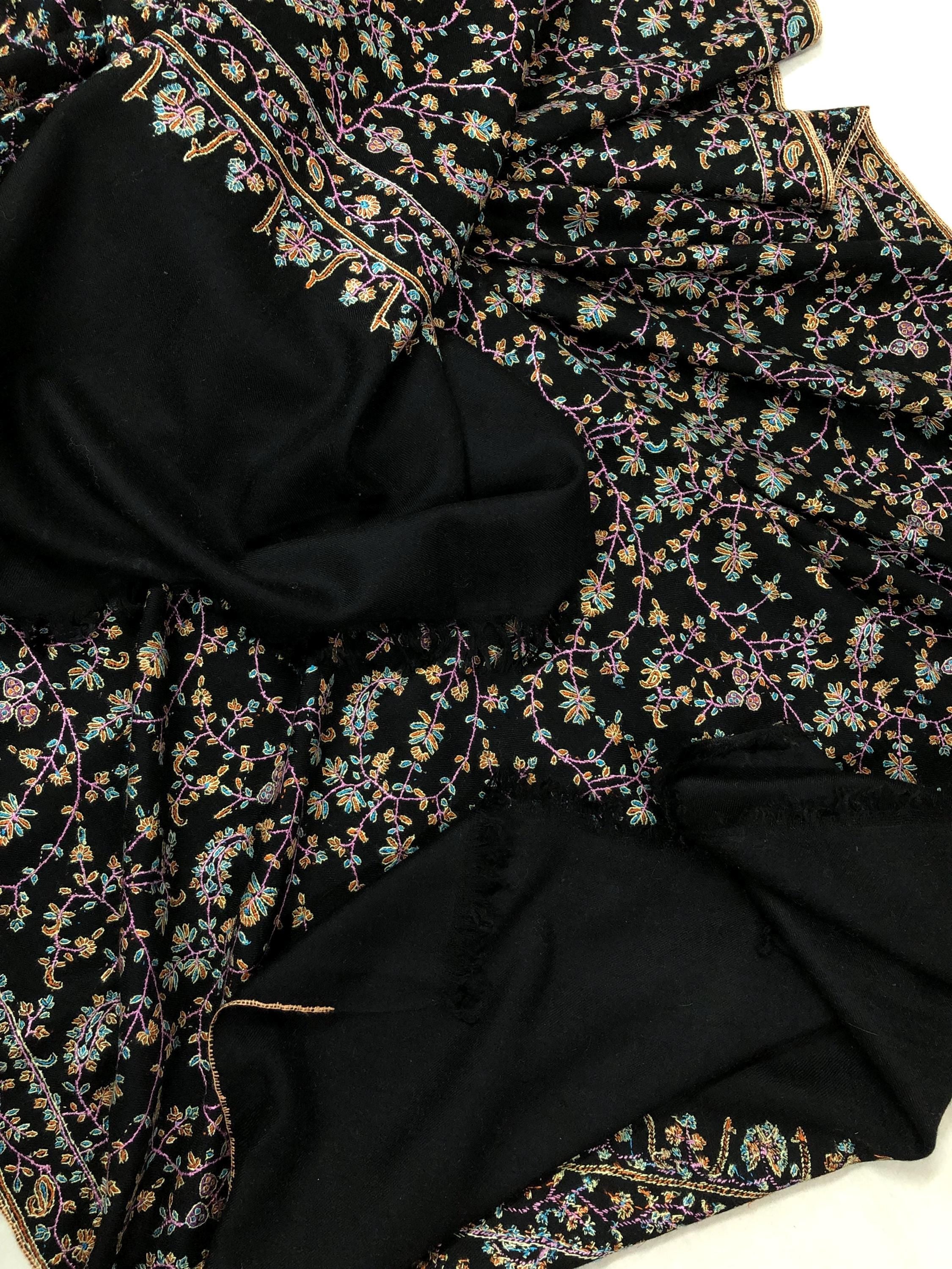 Luxury Black Jaaldar All-over design Super Micro Fine Embroidered Handcrafted Real Ladakhi Handmade Cashmere Pashmina Shawl - Mehraj Crafts 