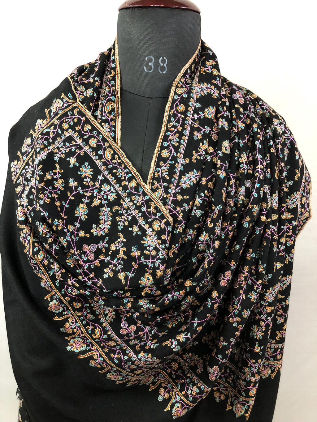 Luxury Black Jaaldar All-over design Super Micro Fine Embroidered Handcrafted Real Ladakhi Handmade Cashmere Pashmina Shawl - Mehraj Crafts 