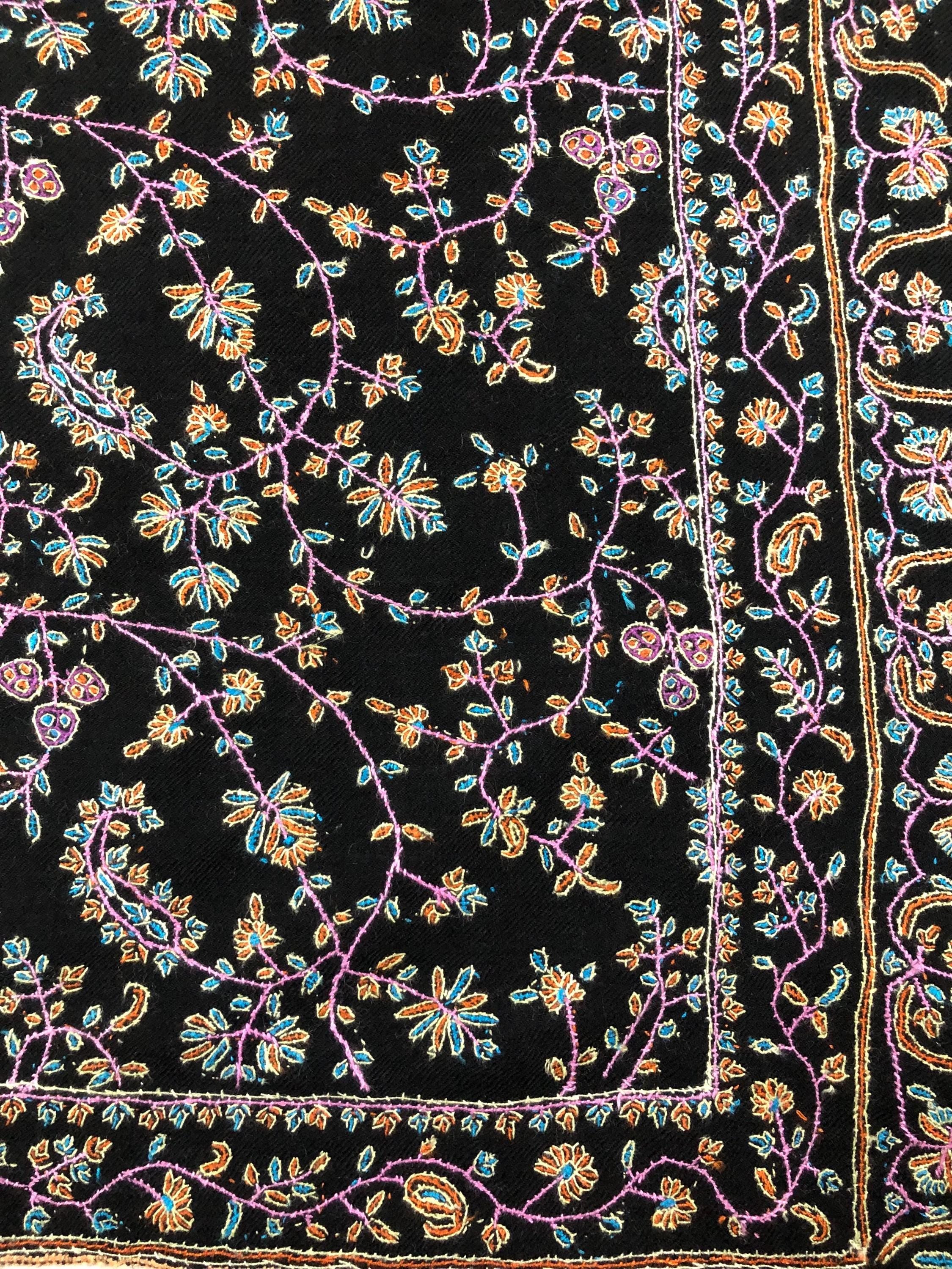 Luxury Black Jaaldar All-over design Super Micro Fine Embroidered Handcrafted Real Ladakhi Handmade Cashmere Pashmina Shawl - Mehraj Crafts 