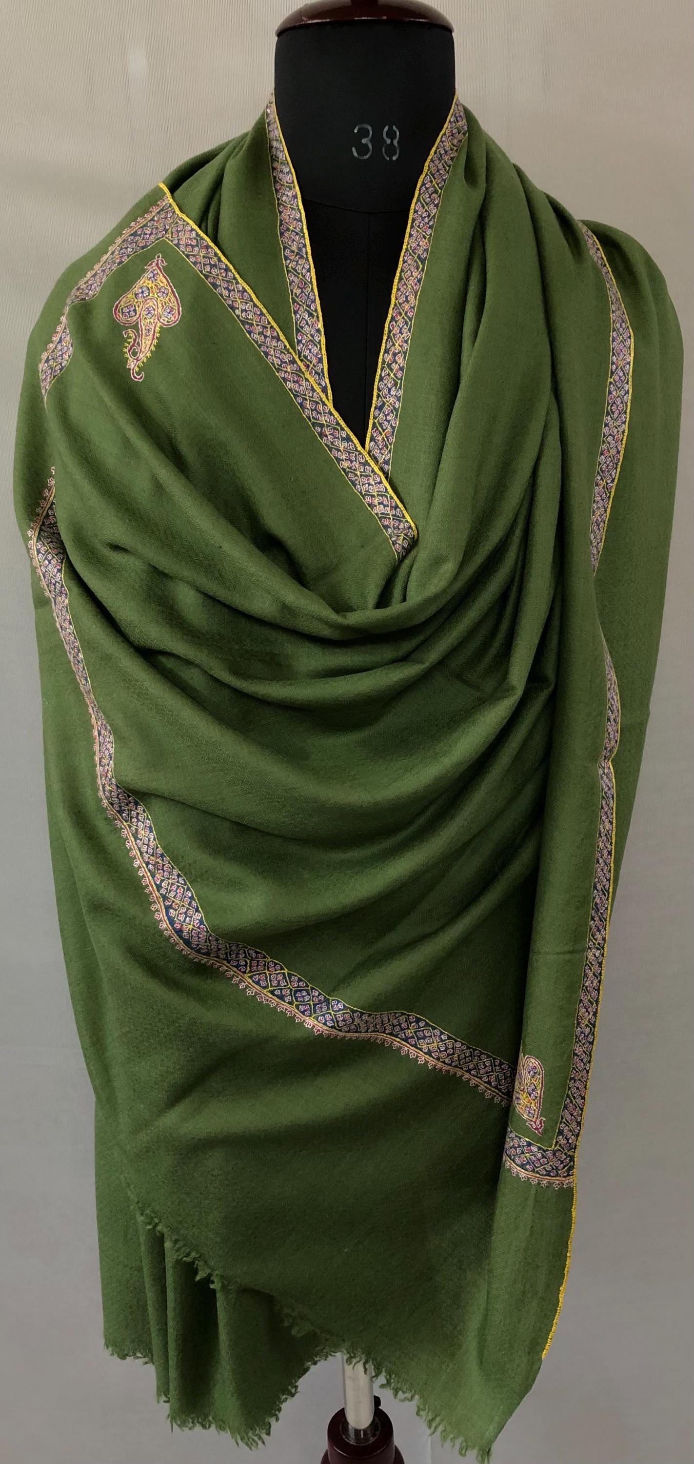 Cedar Green GI Sozani Certified Super Fine Hand Embroidered Border Handwoven Real Cashmere Pashmina Shawl - Mehraj Crafts 