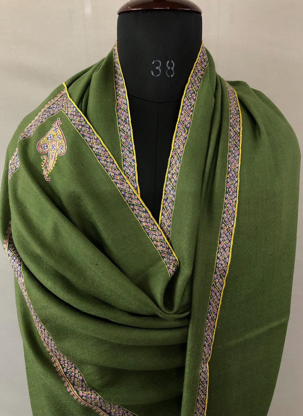 Cedar Green GI Sozani Certified Super Fine Hand Embroidered Border Handwoven Real Cashmere Pashmina Shawl - Mehraj Crafts 