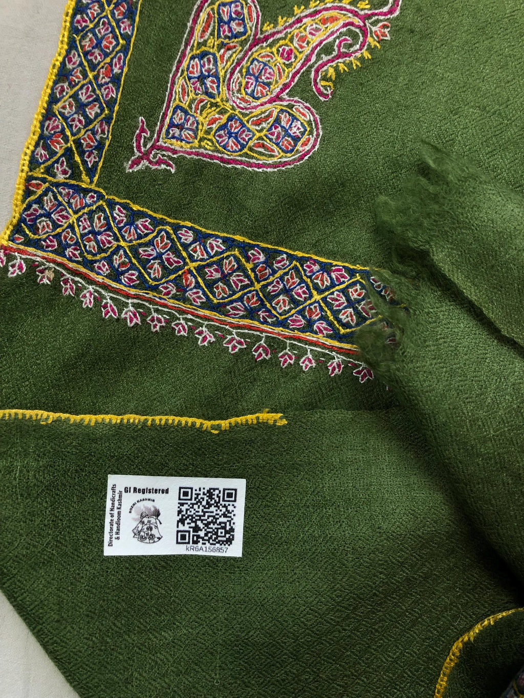 Cedar Green GI Sozani Certified Super Fine Hand Embroidered Border Handwoven Real Cashmere Pashmina Shawl - Mehraj Crafts 