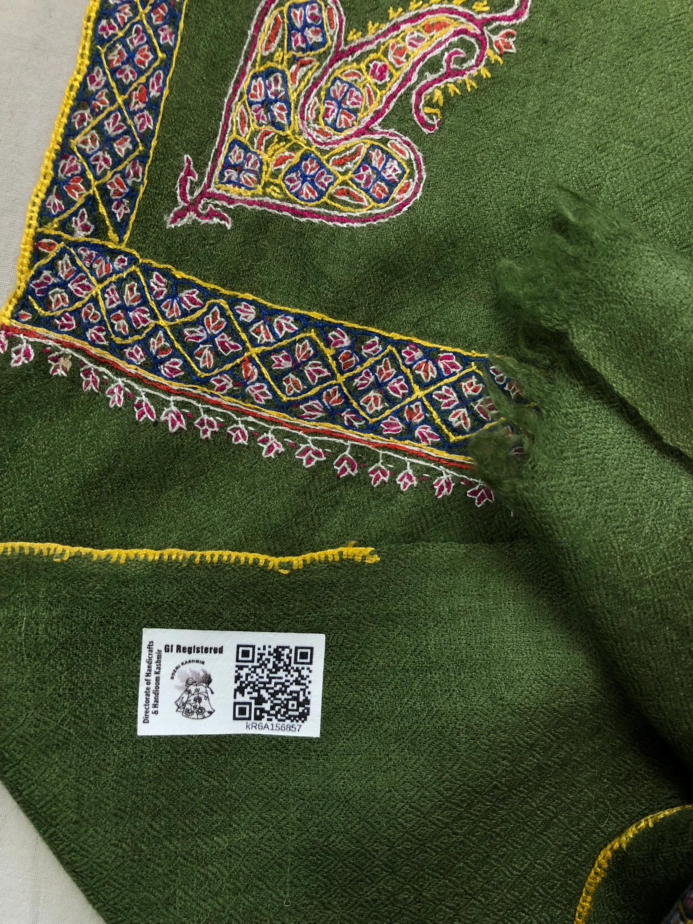Cedar Green GI Sozani Certified Super Fine Hand Embroidered Border Handwoven Real Cashmere Pashmina Shawl - Mehraj Crafts 