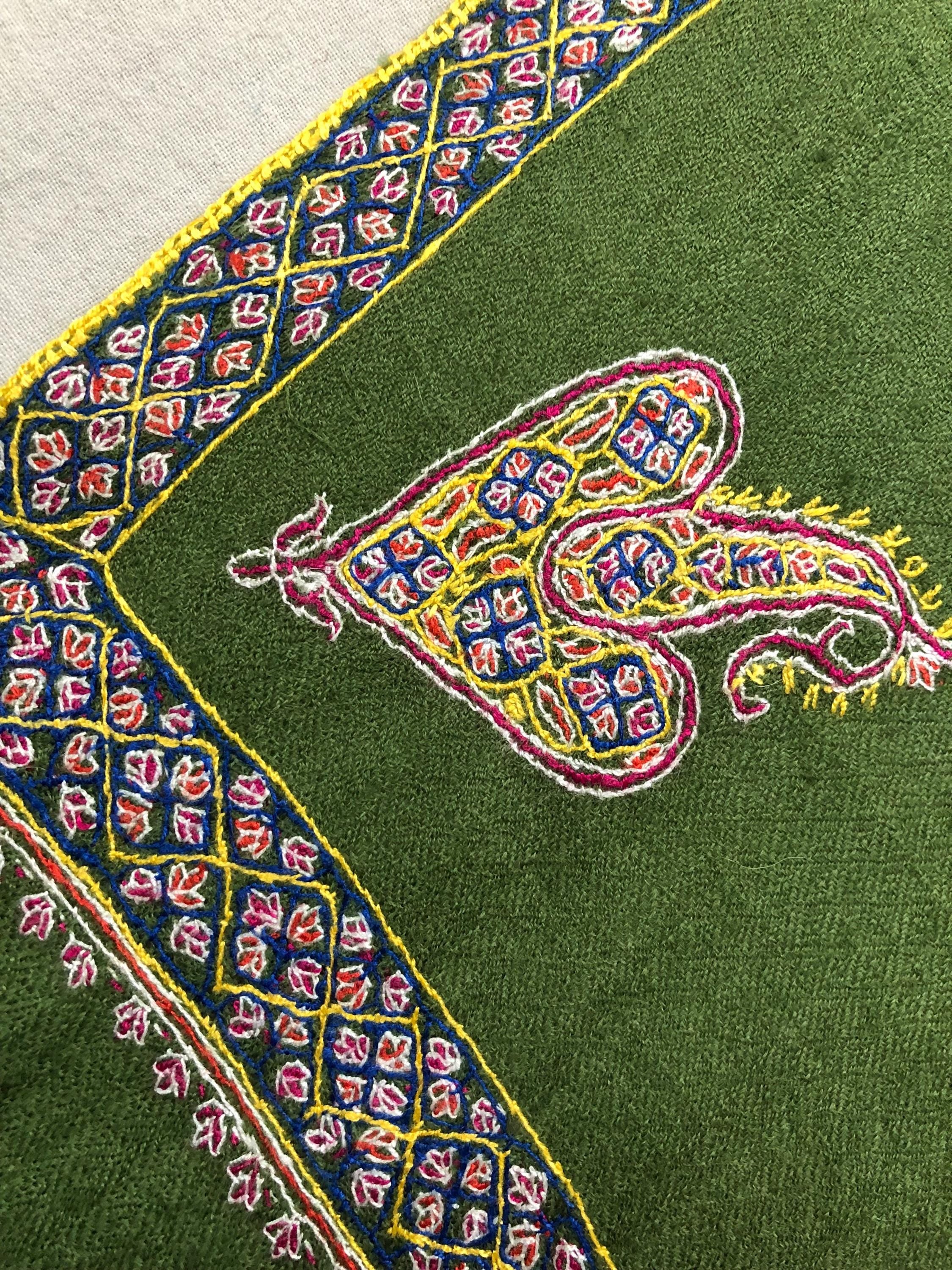 Cedar Green GI Sozani Certified Super Fine Hand Embroidered Border Handwoven Real Cashmere Pashmina Shawl - Mehraj Crafts 