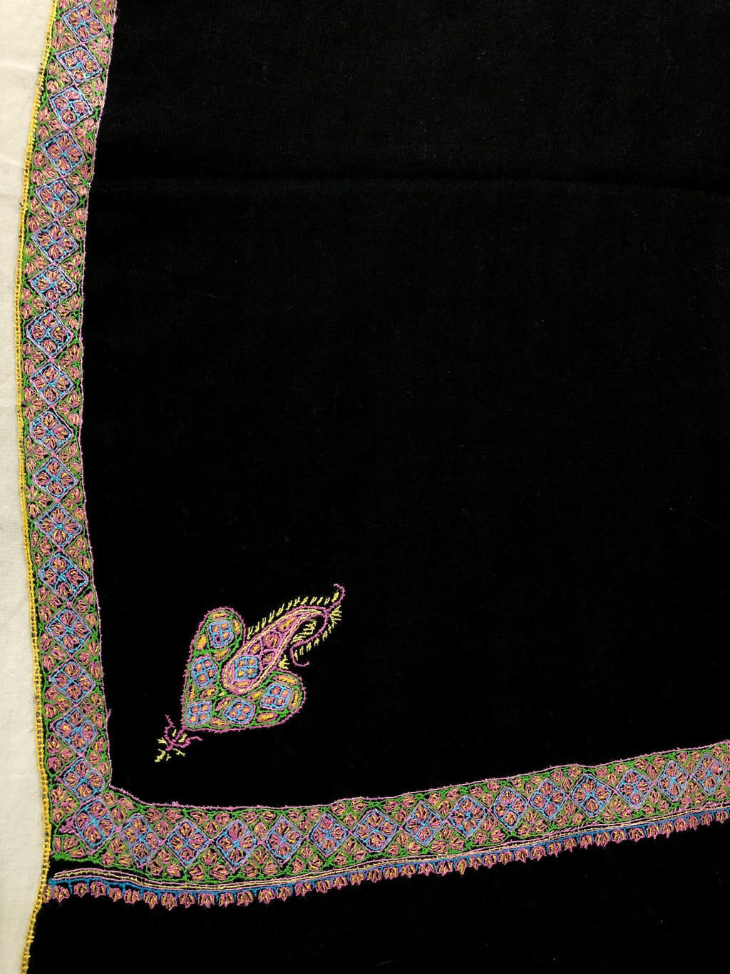 Jet Black Sozani Border Embroidered Hashidar Handmade Real Cashmere Pashmina Shawl - Mehraj Crafts 