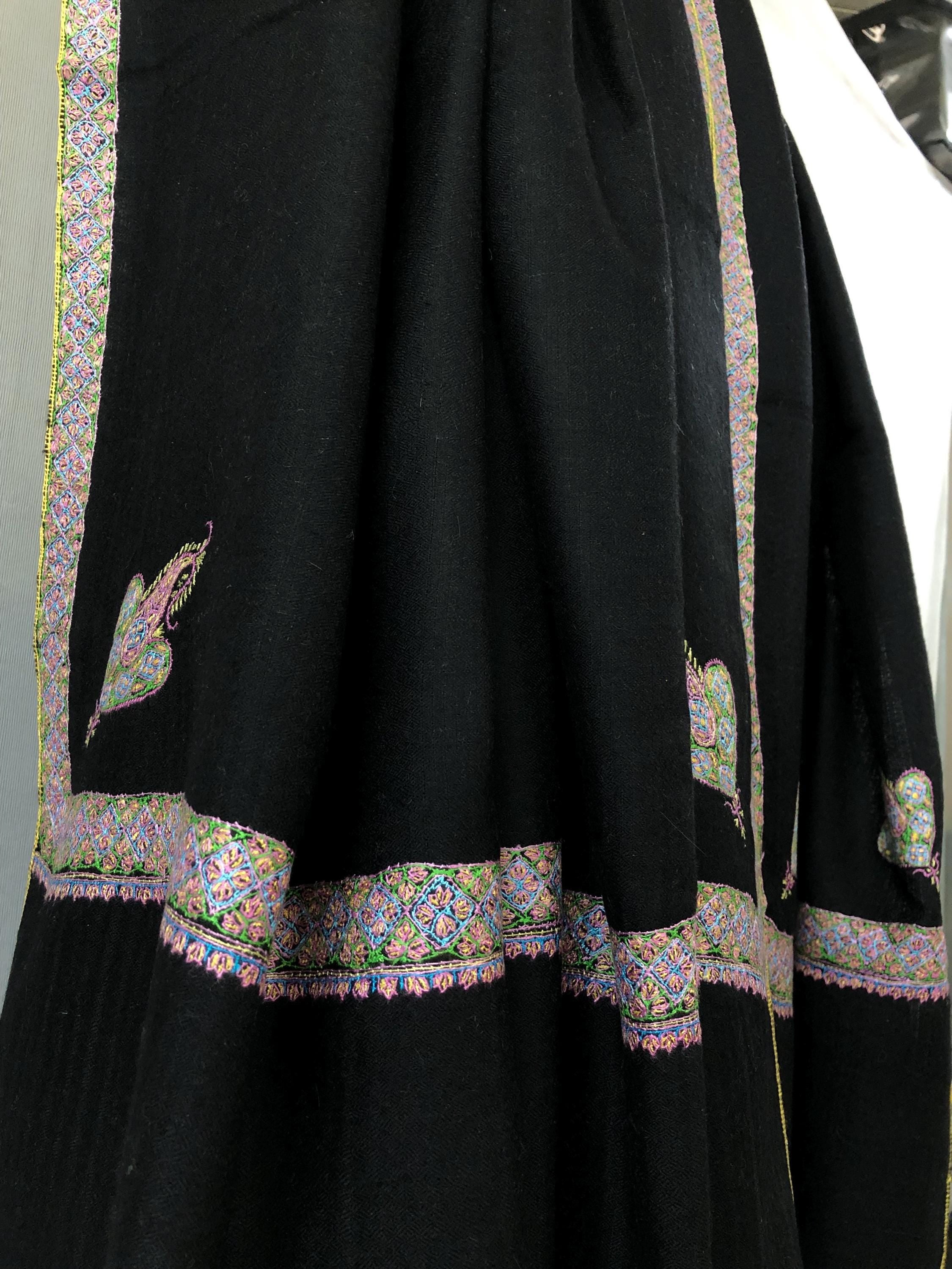 Jet Black Sozani Border Embroidered Hashidar Handmade Real Cashmere Pashmina Shawl - Mehraj Crafts 