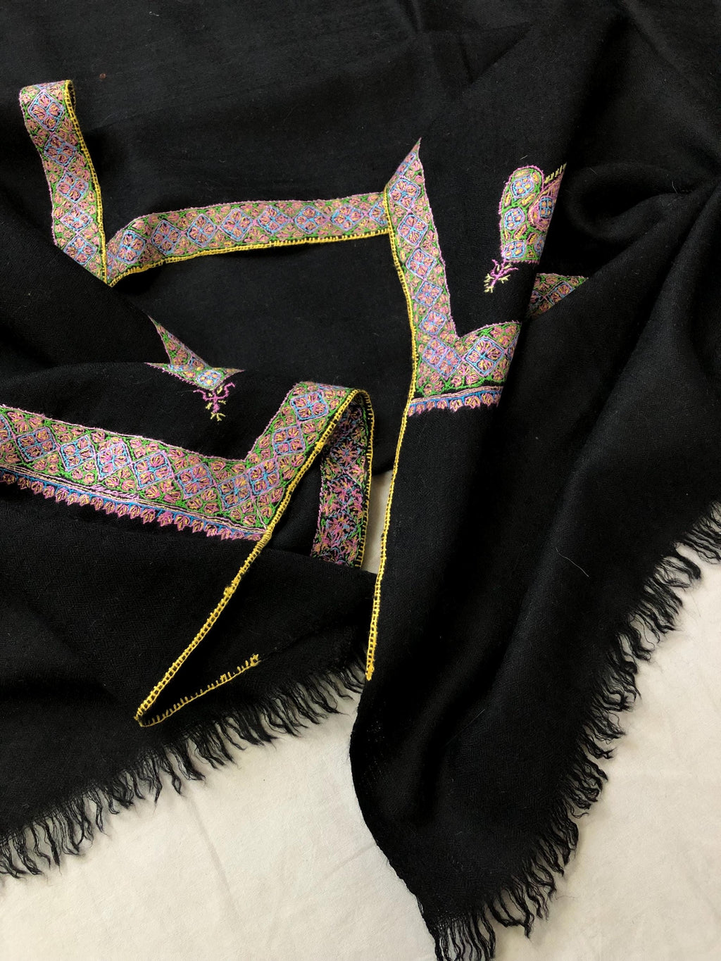 Jet Black Sozani Border Embroidered Hashidar Handmade Real Cashmere Pashmina Shawl - Mehraj Crafts 