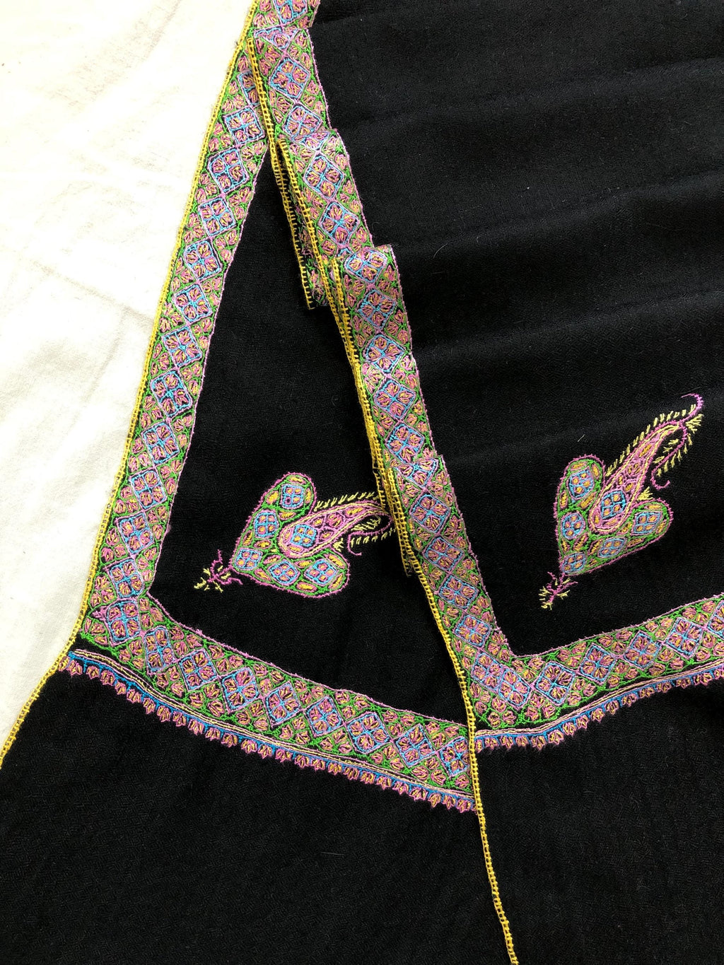 Jet Black Sozani Border Embroidered Hashidar Handmade Real Cashmere Pashmina Shawl - Mehraj Crafts 